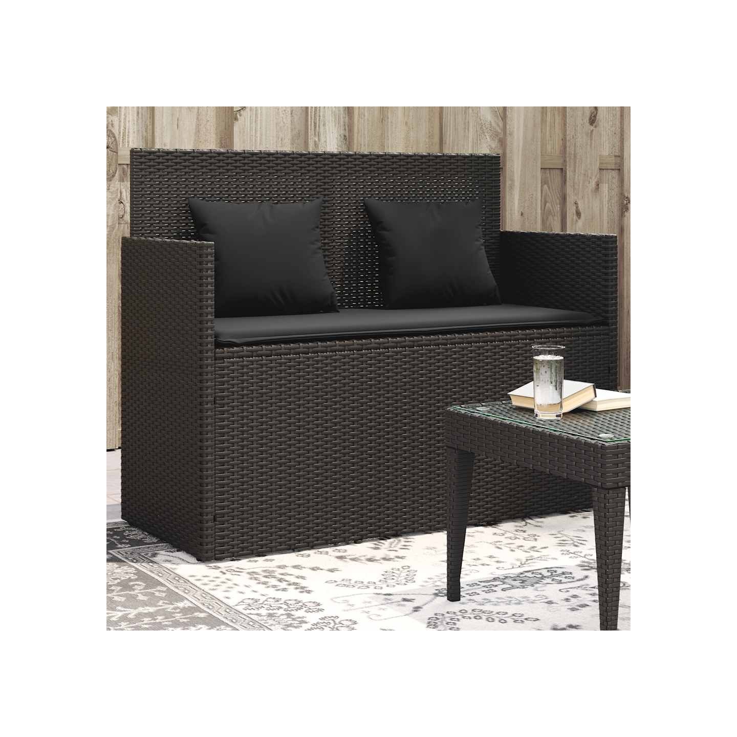 Banc de jardin avec coussins noir résine tressée