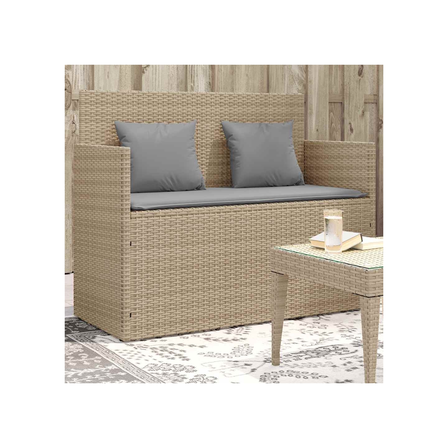 Banc de jardin avec coussins beige résine tressée