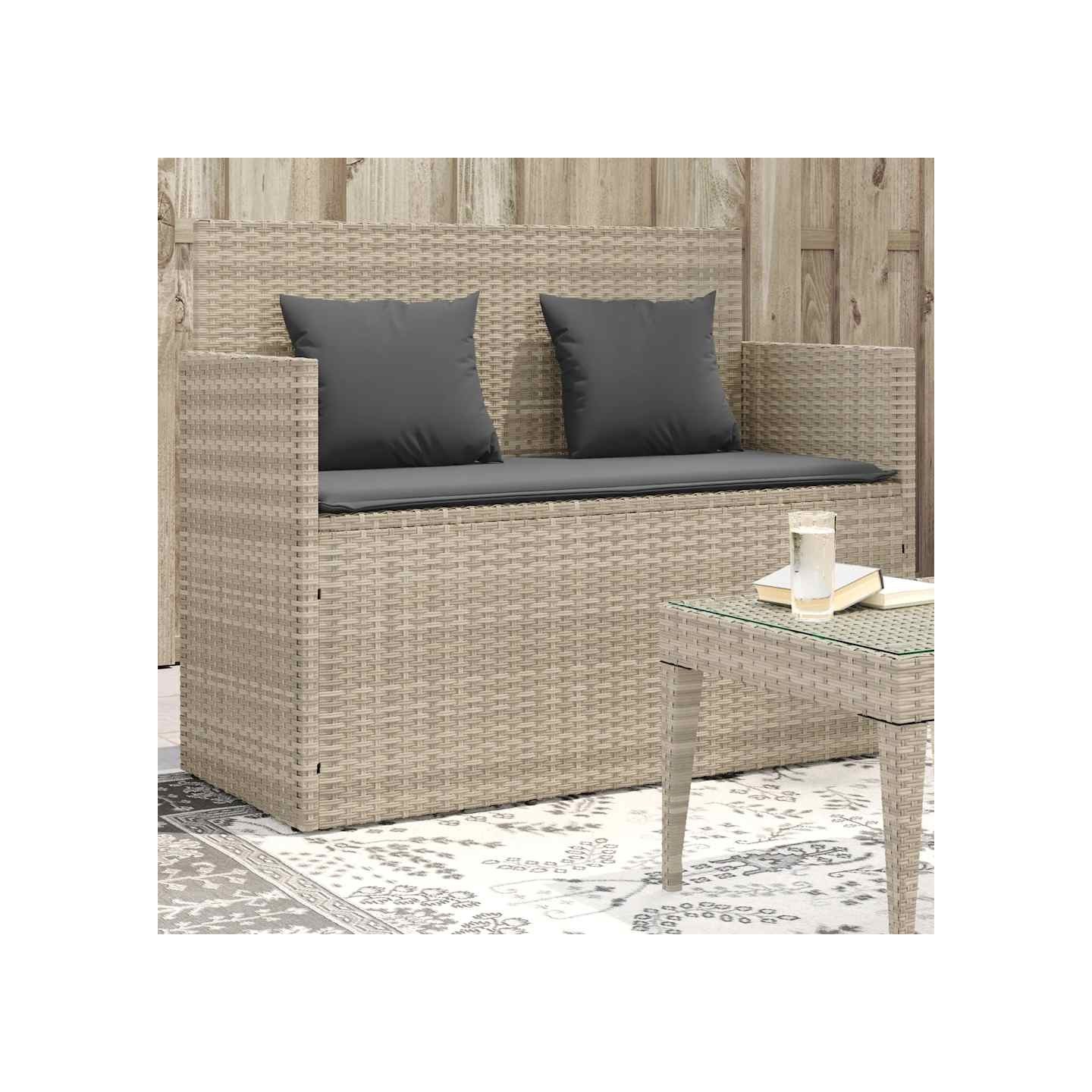 Banc de jardin avec coussins gris clair résine tressée