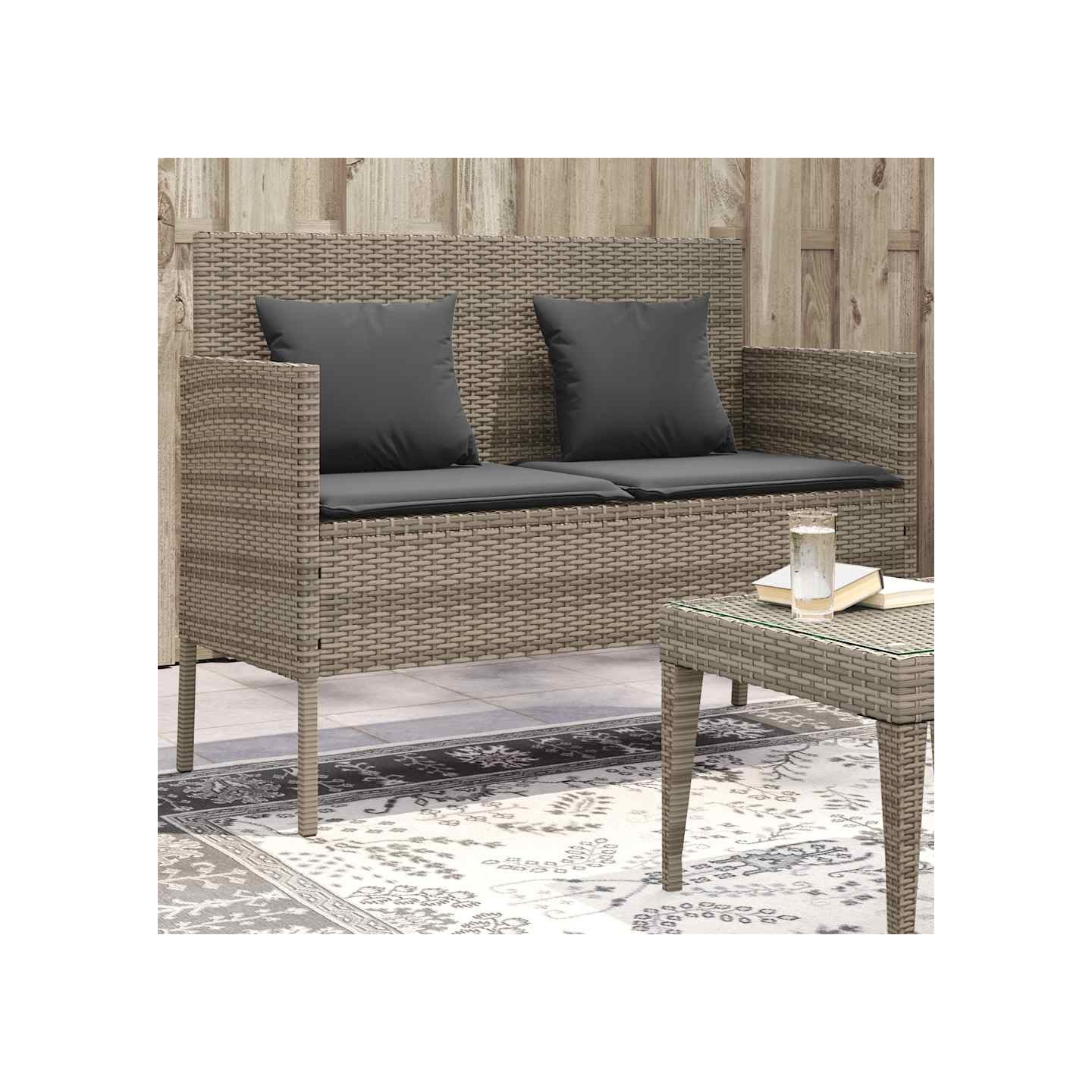 Banc de jardin avec coussins gris résine tressée