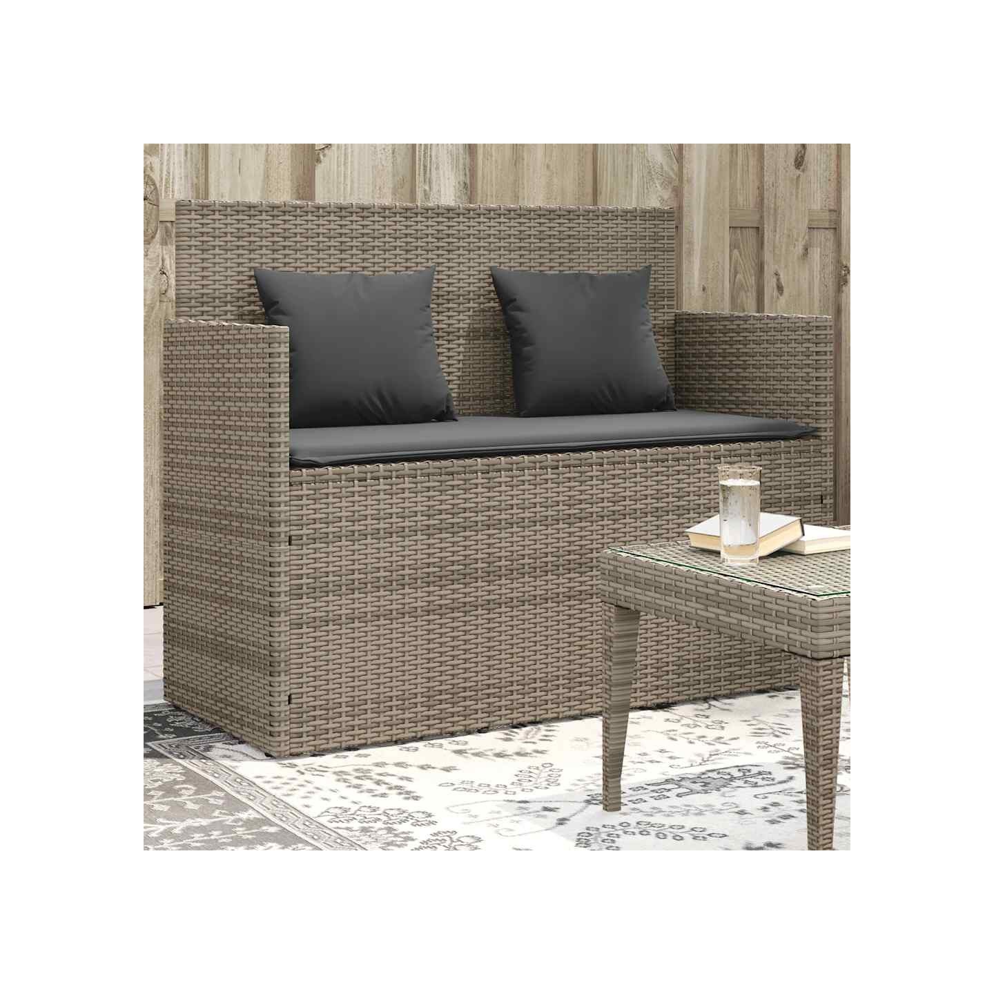 Banc de jardin avec coussins gris résine tressée