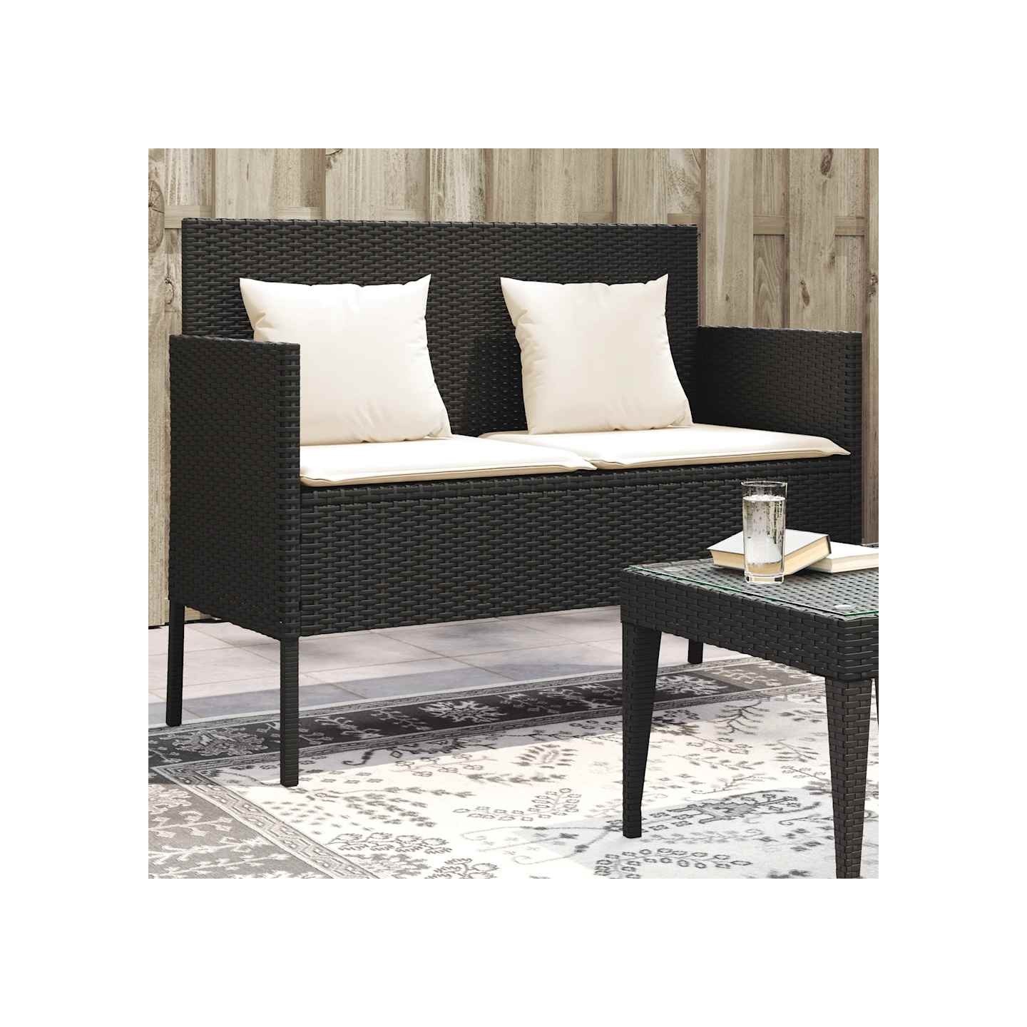 Banc de jardin avec coussins noir résine tressée