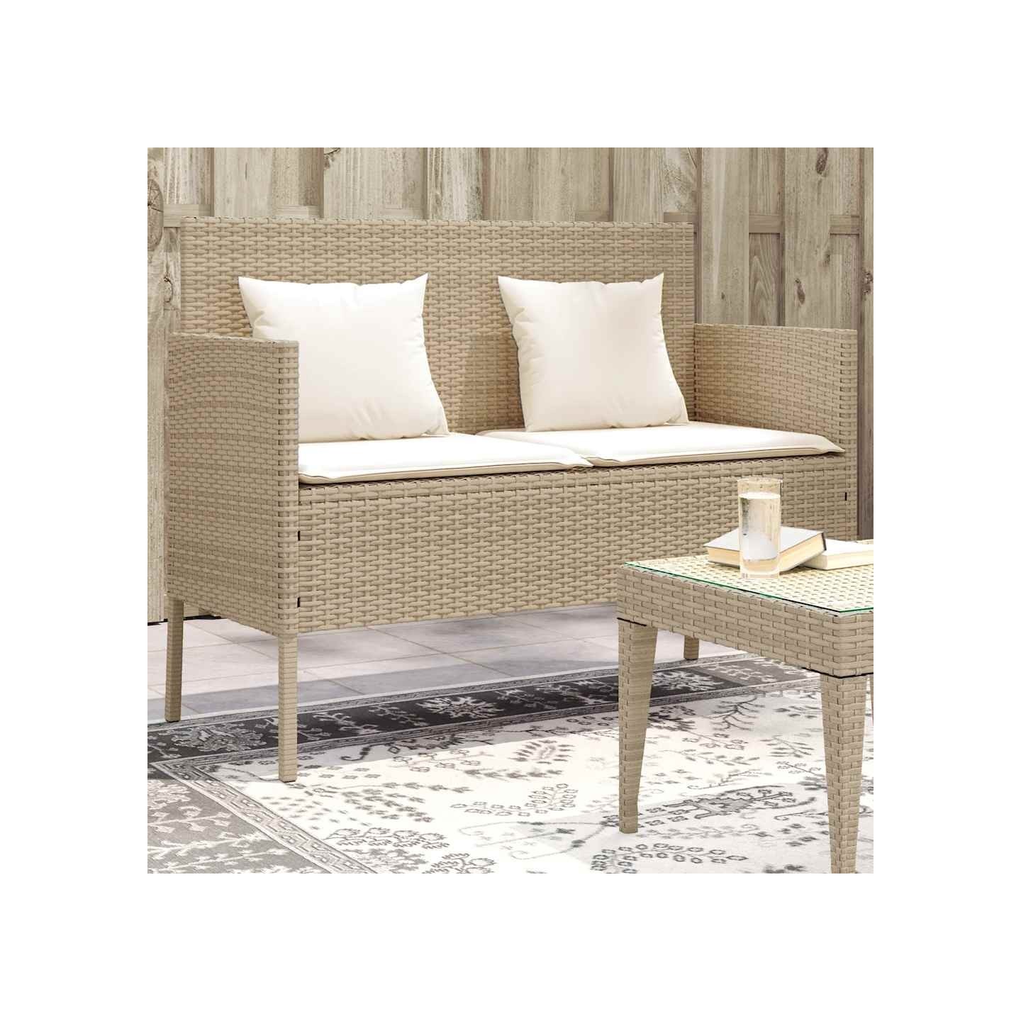 Banc de jardin avec coussins beige résine tressée