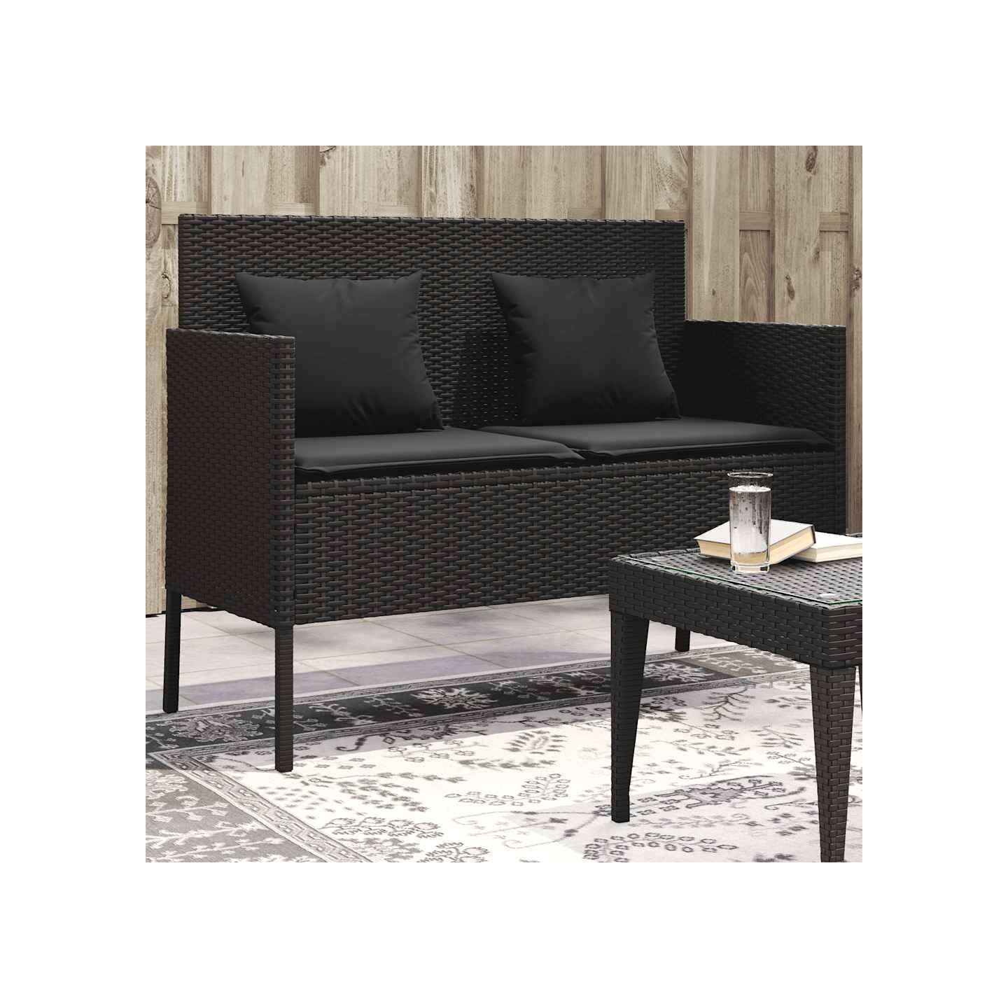 Banc de jardin avec coussins noir résine tressée