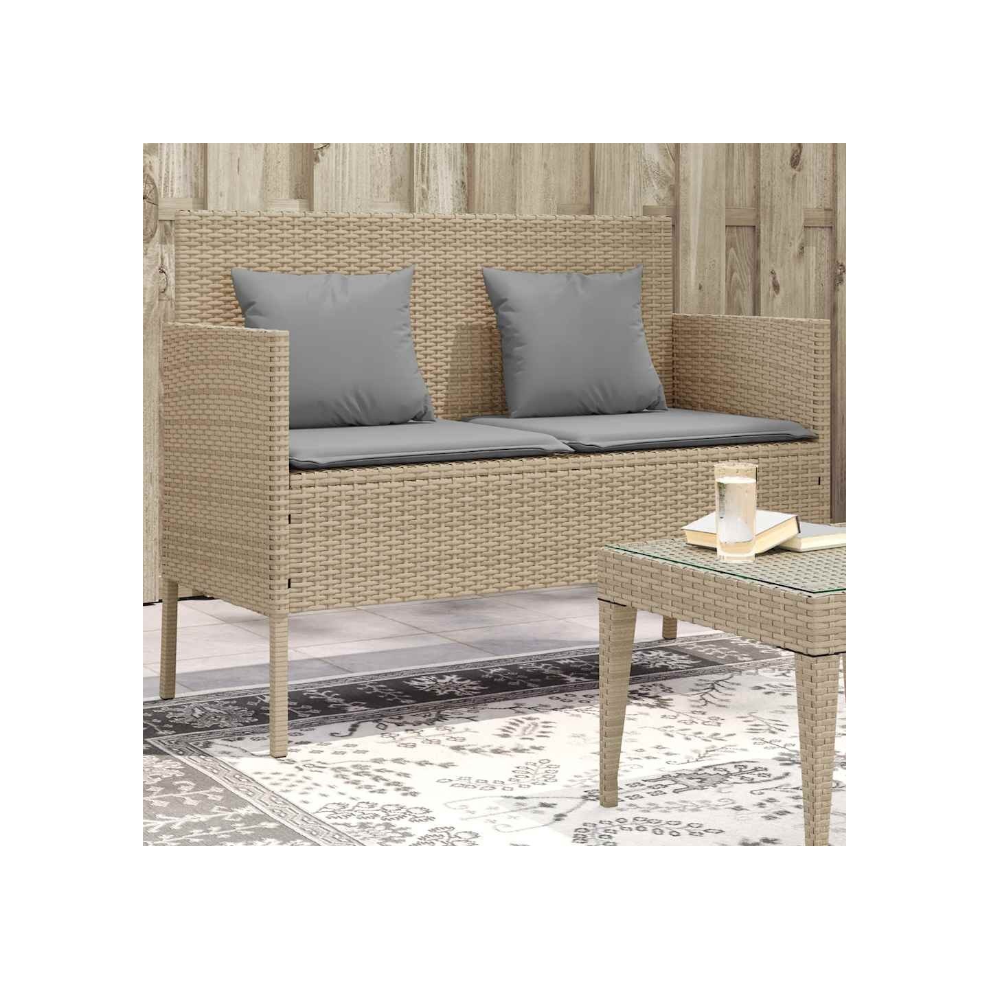 Banc de jardin avec coussins beige résine tressée