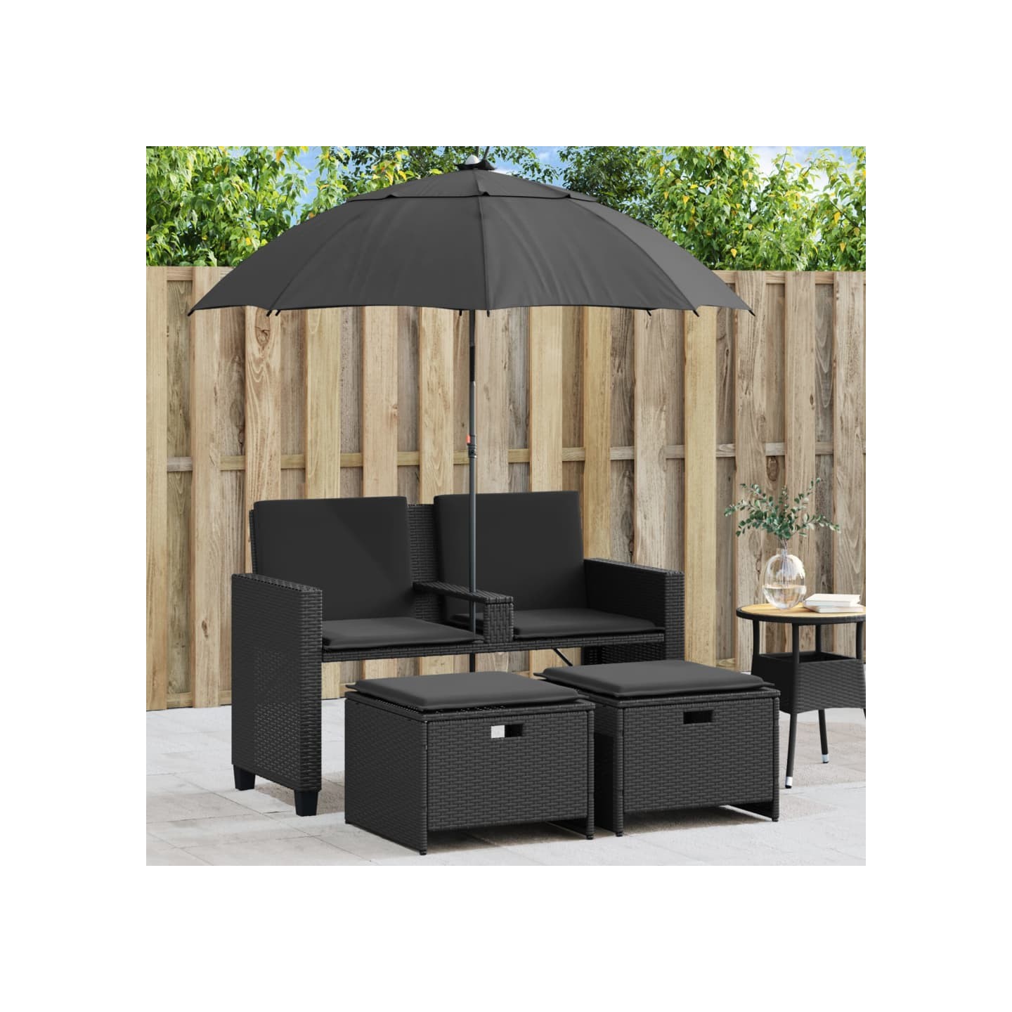 Canapé de jardin 2 places avec parasol et tabourets noir rotin