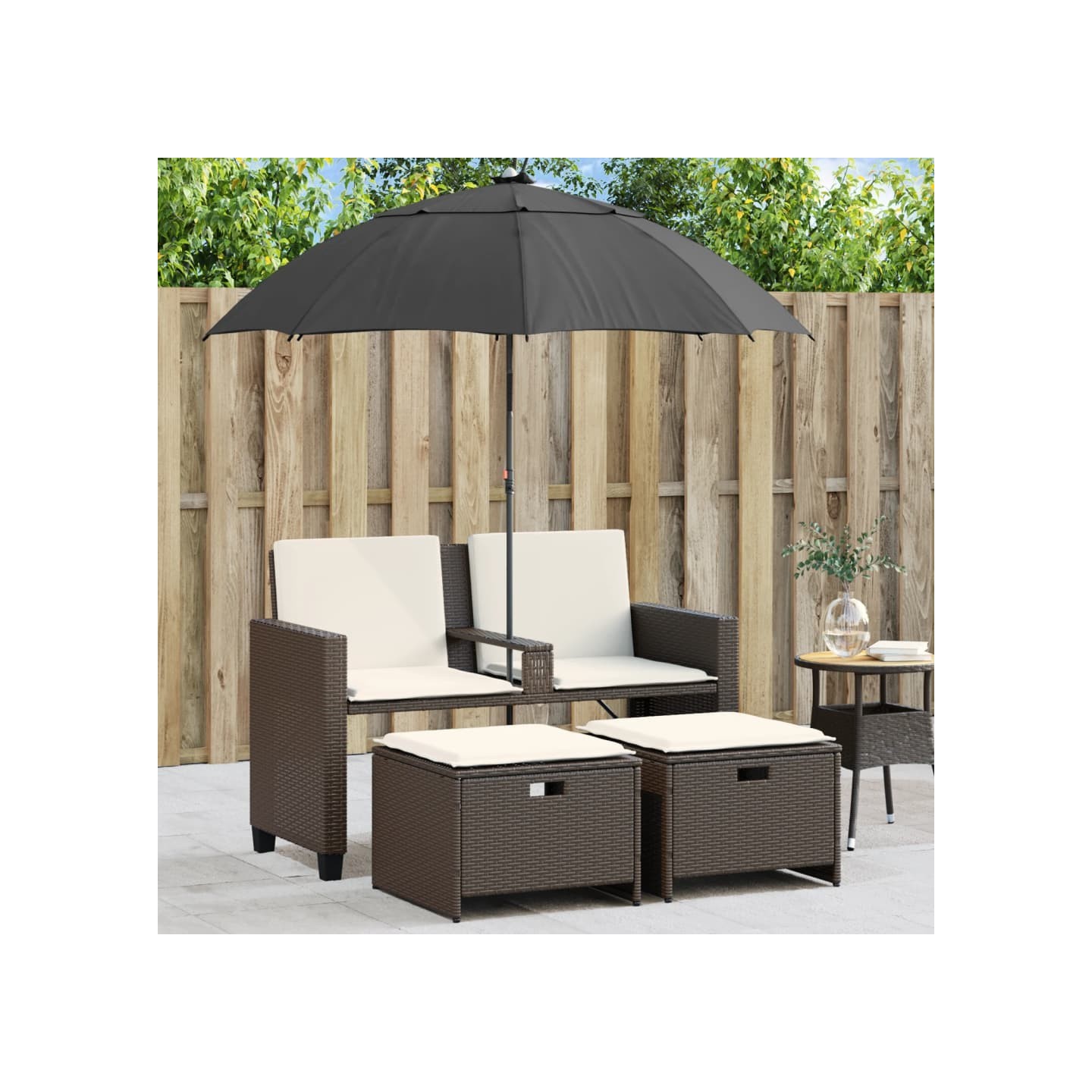 Canapé de jardin 2 places et parasol et tabourets marron rotin