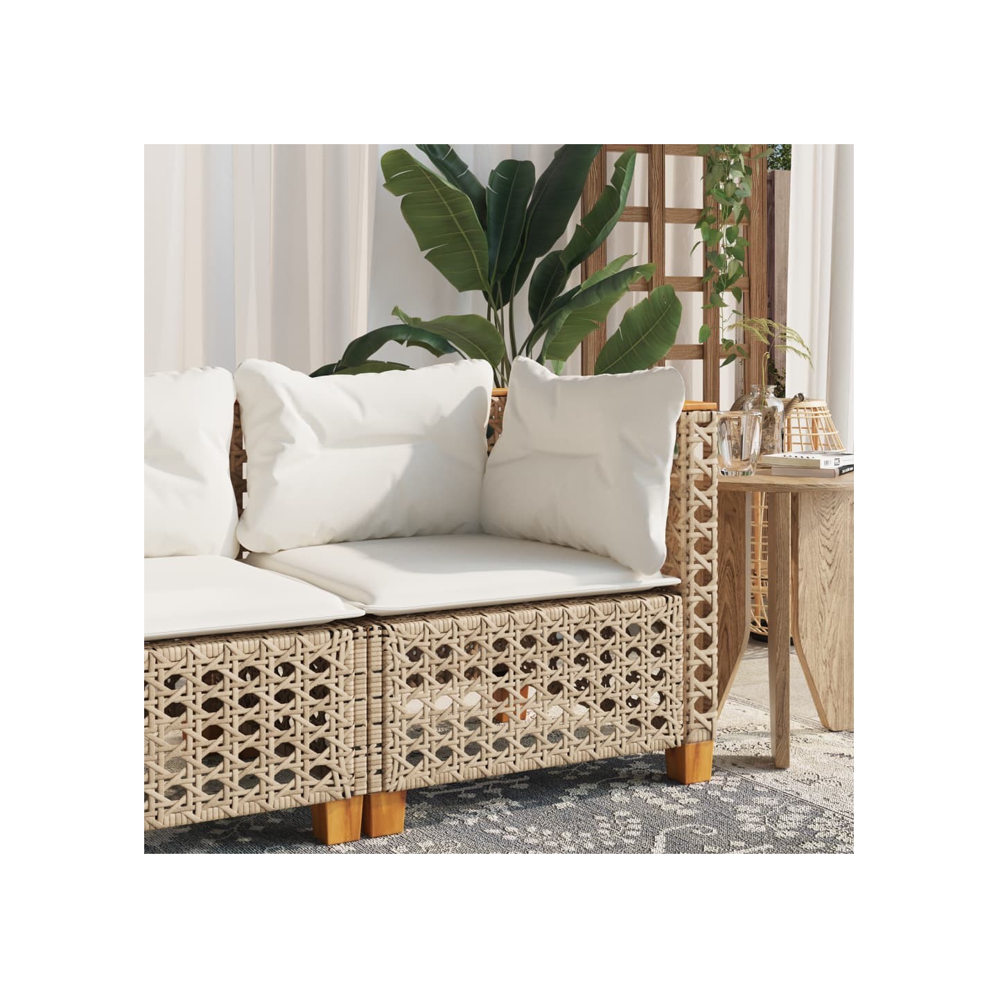 Canapé d'angle de jardin avec coussins beige résine tressée