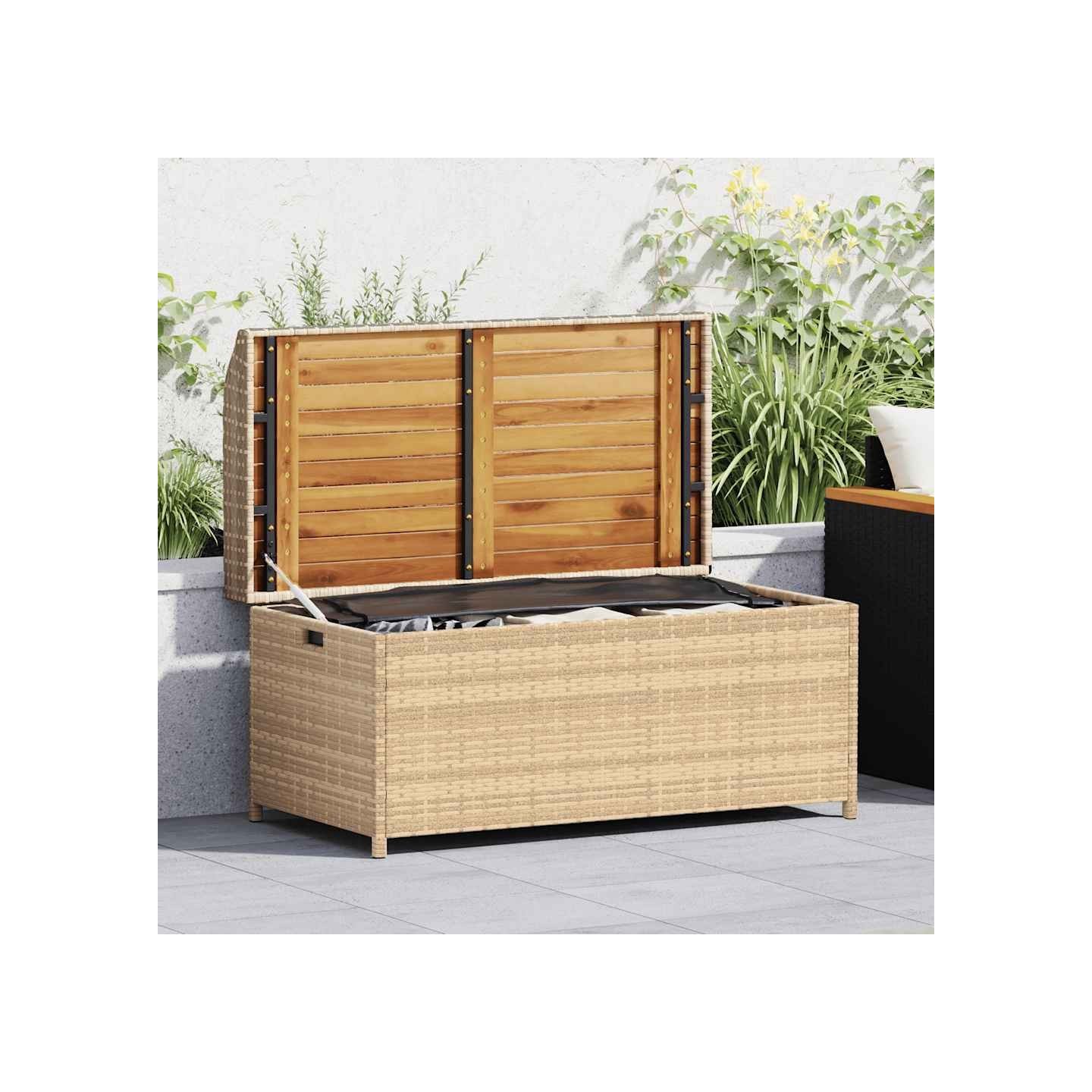 Banc de rangement mélange beige résine tressée et bois d'acacia