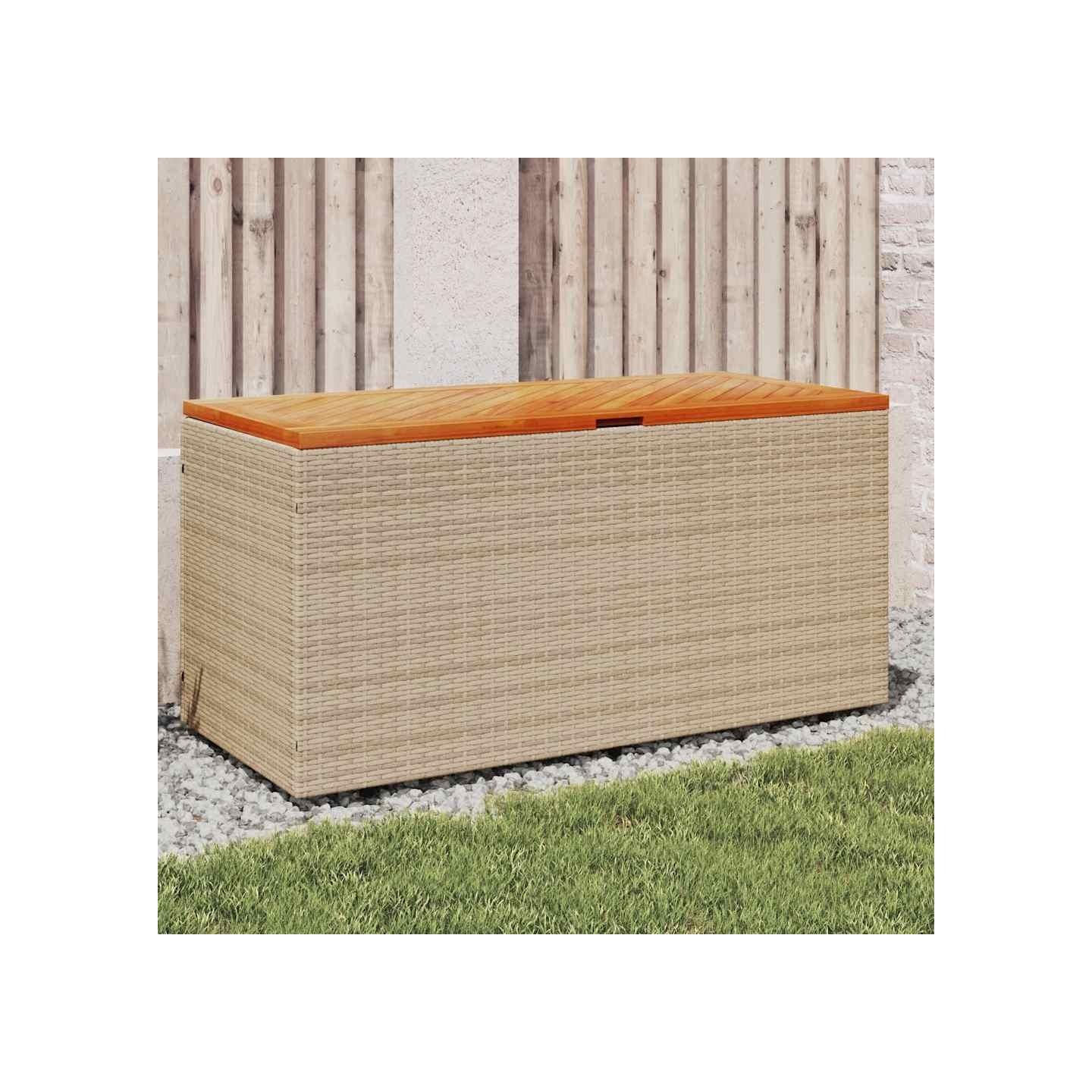 Boîte de rangement de jardin beige résine tressée bois d'acacia