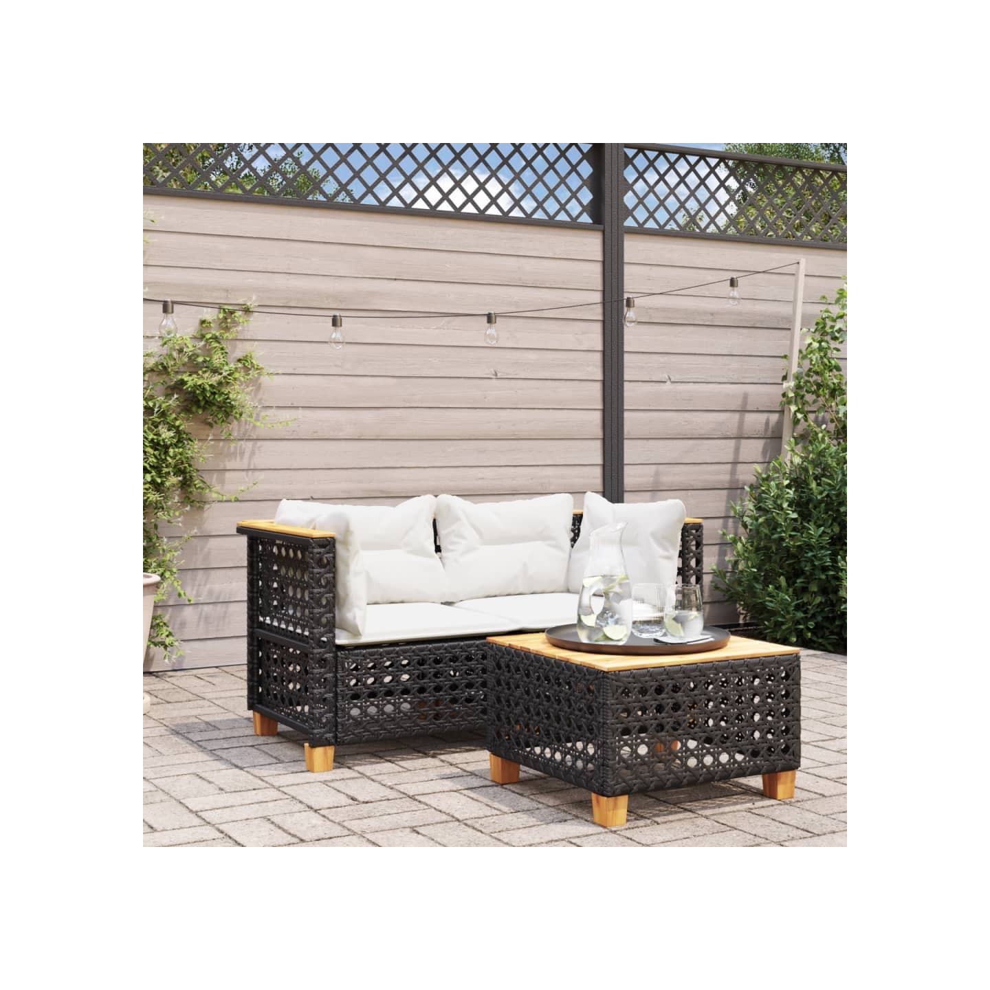 Canapés d'angle de jardin et coussins 2 pcs noir résine tressée