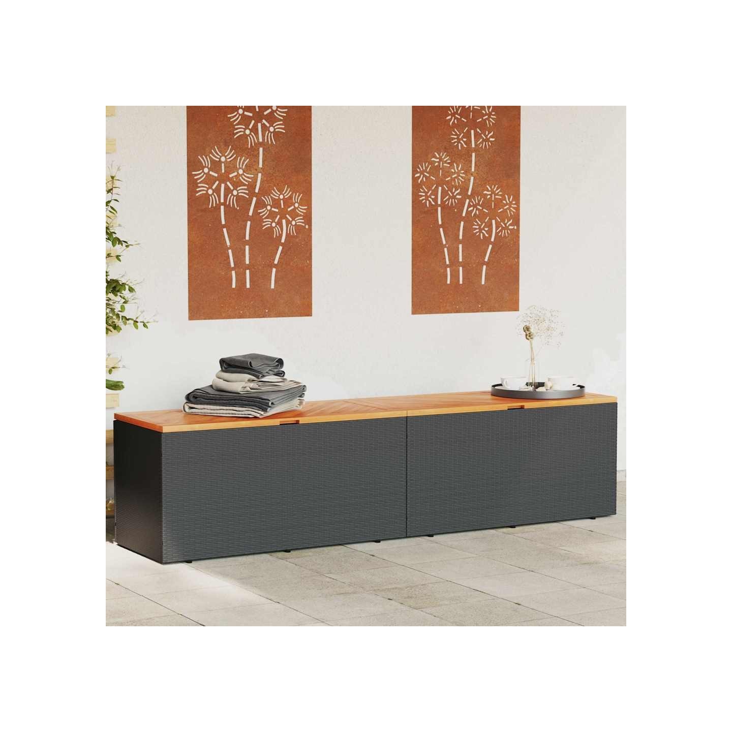 Boîte de rangement de jardin noir résine tressée bois d'acacia