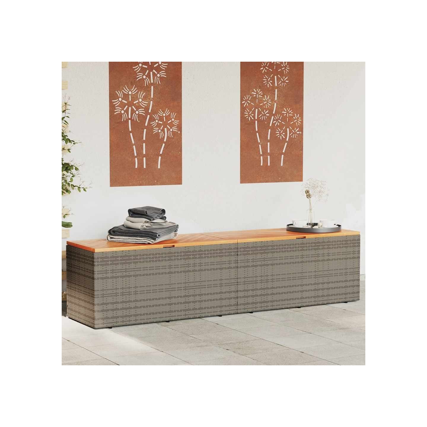 Boîte de rangement de jardin gris résine tressée bois d'acacia