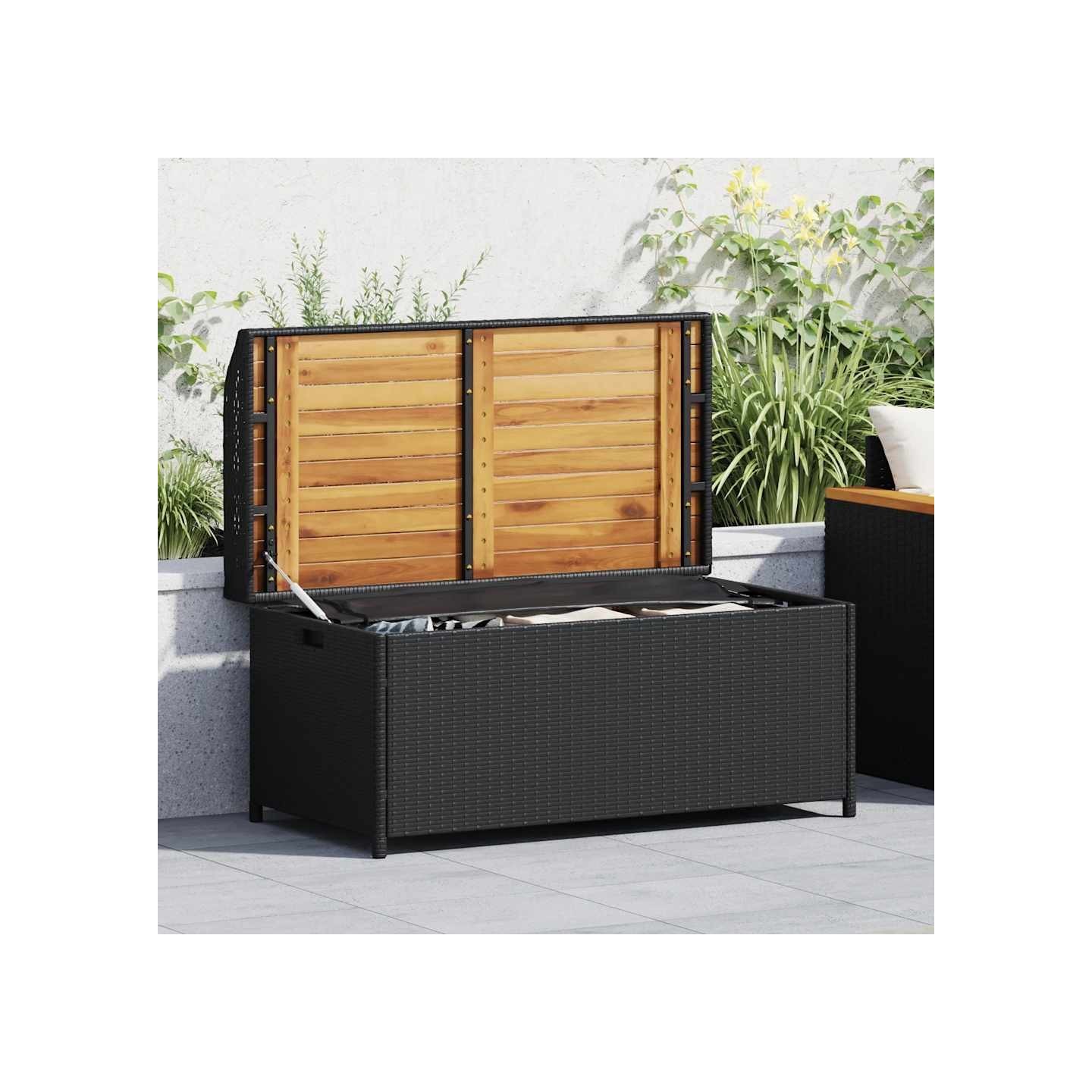 Banc de rangement noir résine tressée et bois d'acacia