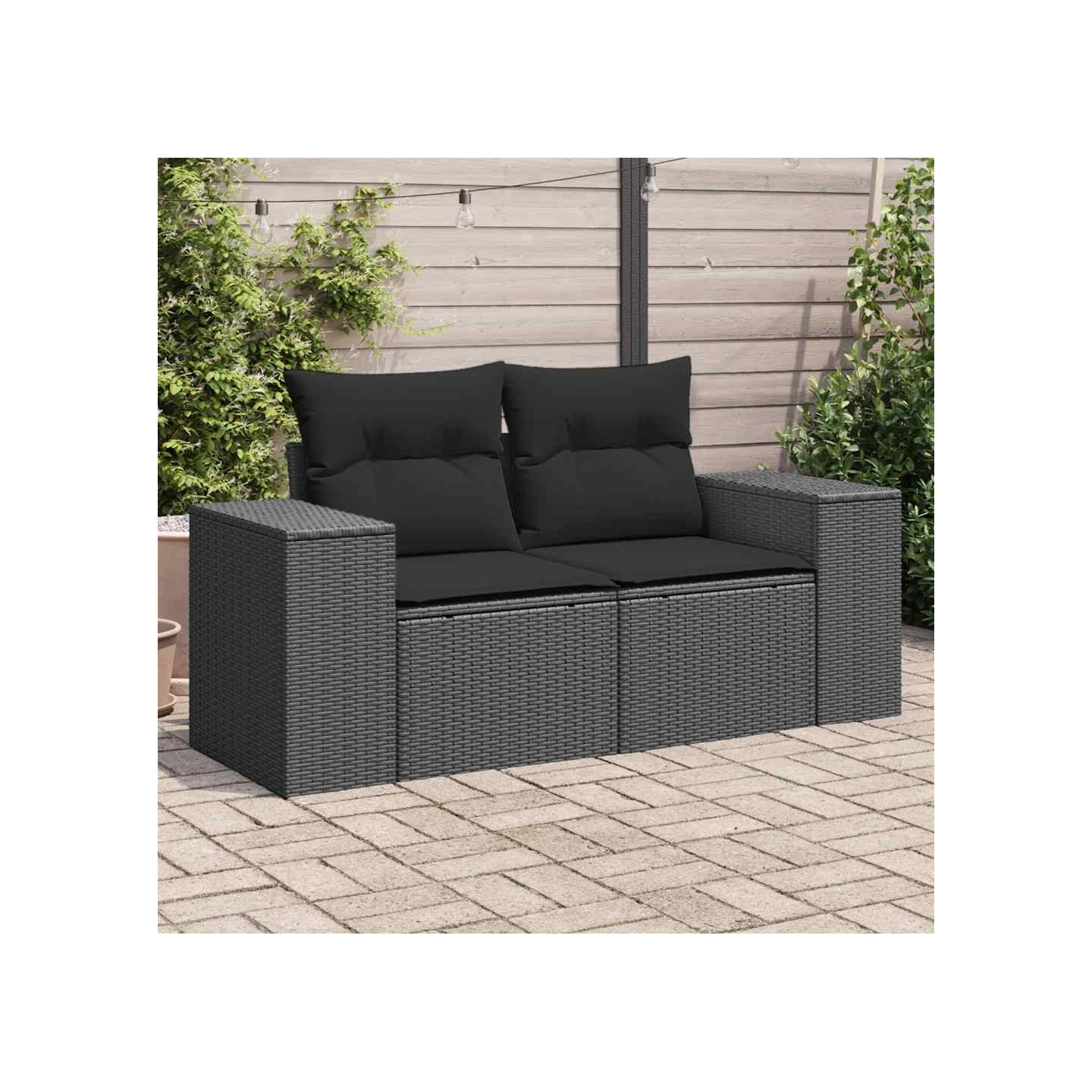 Canapé de jardin avec coussins 2 places en polyrotin noir