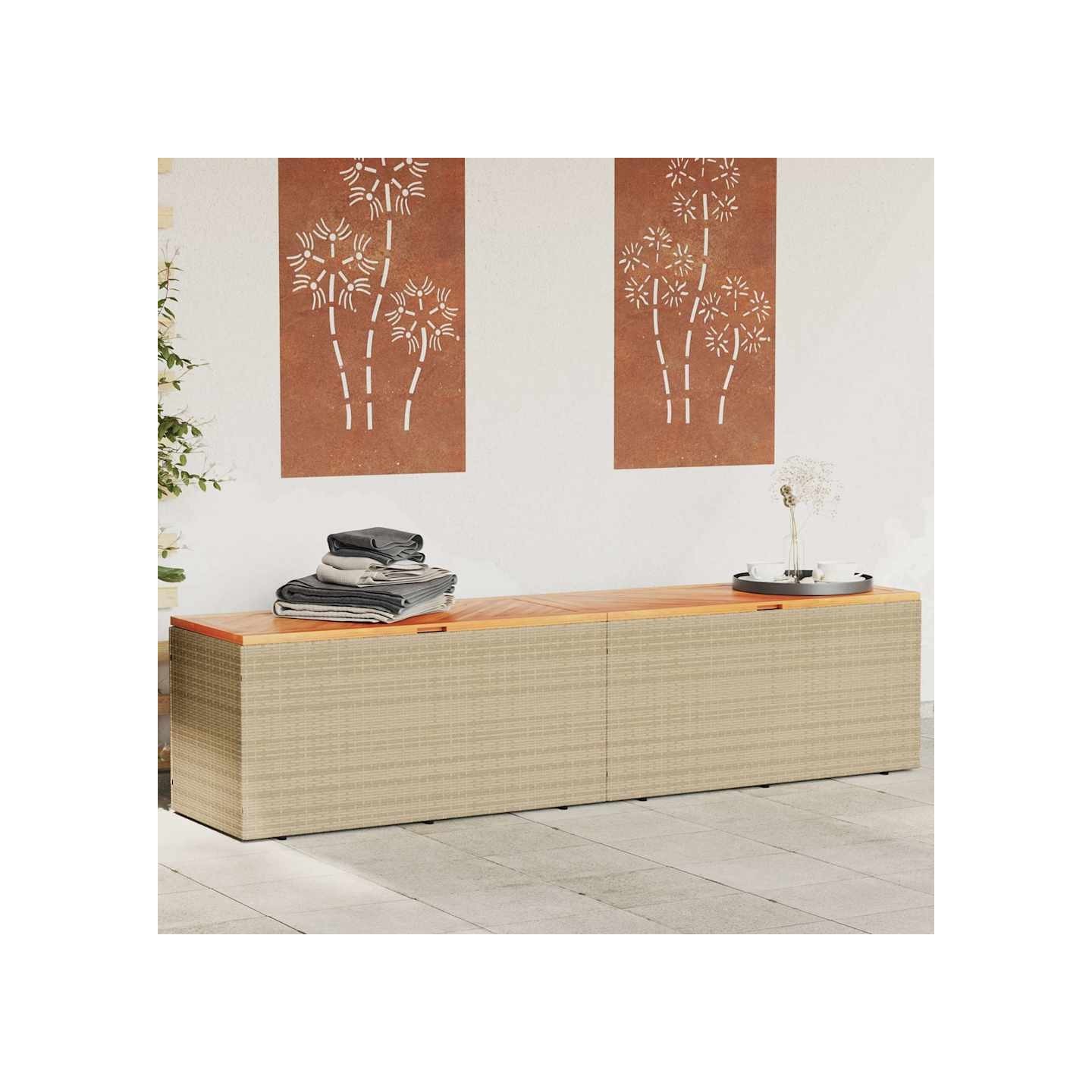 Boîte de rangement de jardin beige résine tressée bois d'acacia