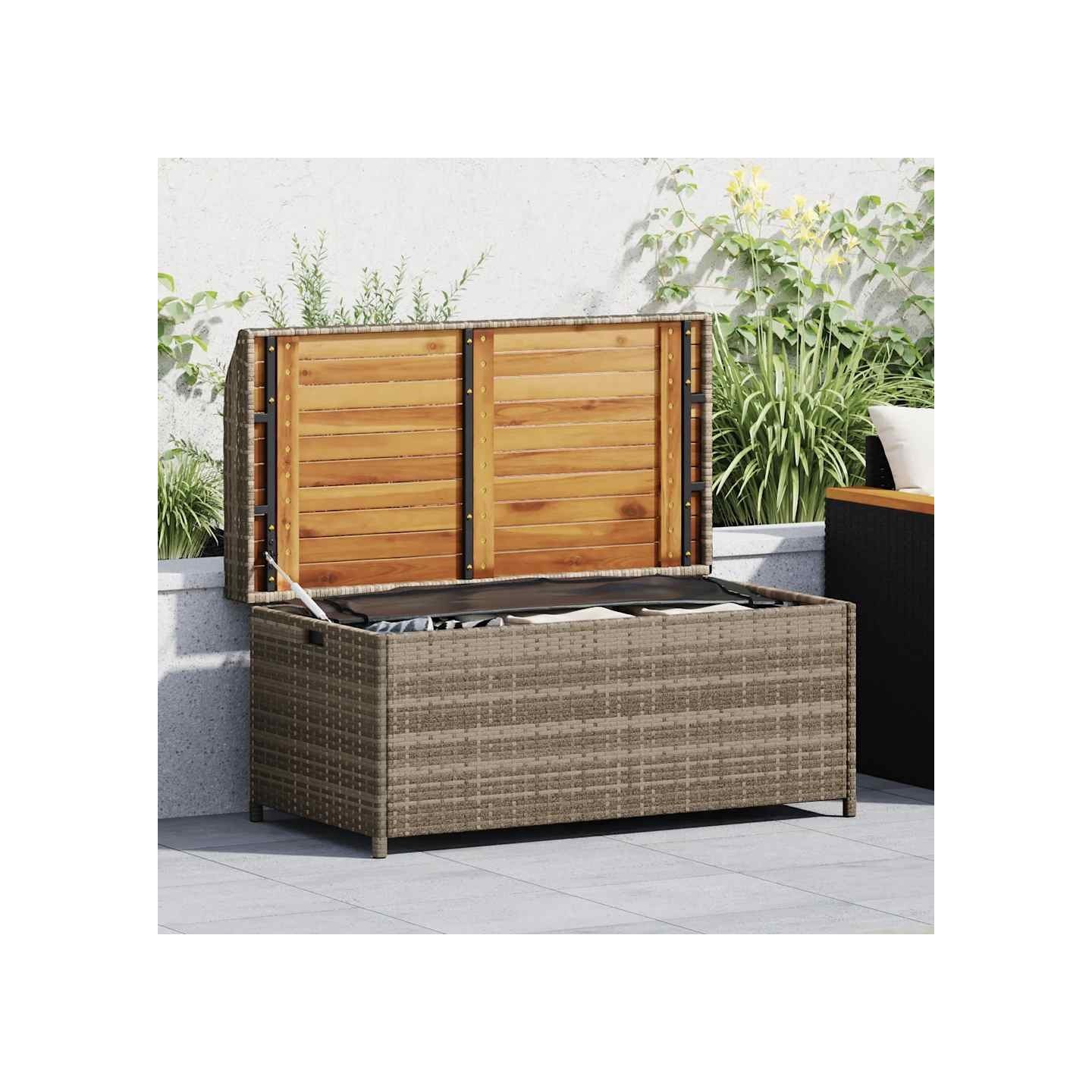 Banc de rangement gris résine tressée et bois d'acacia