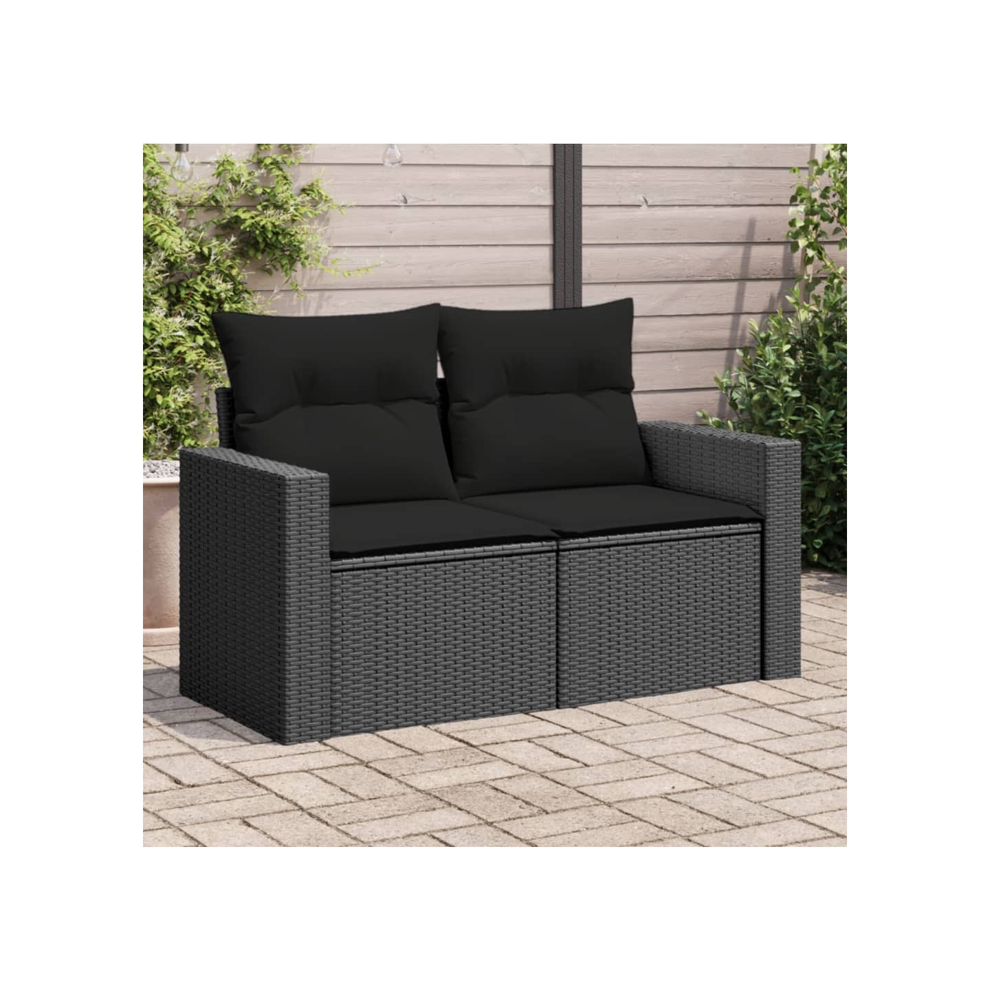 Canapé de jardin avec coussins 2 places en polyrotin noir