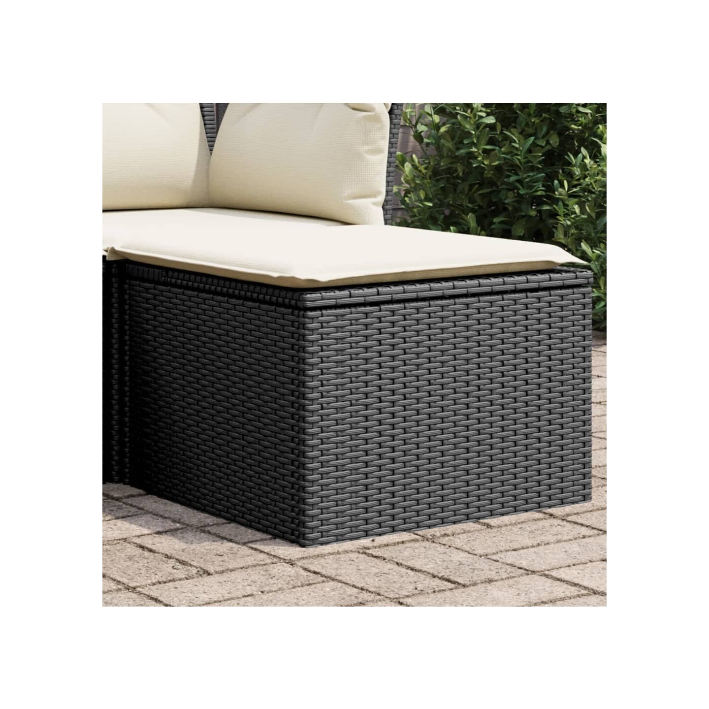 Tabouret de jardin avec coussin noir 55x55x37 cm résine tressée