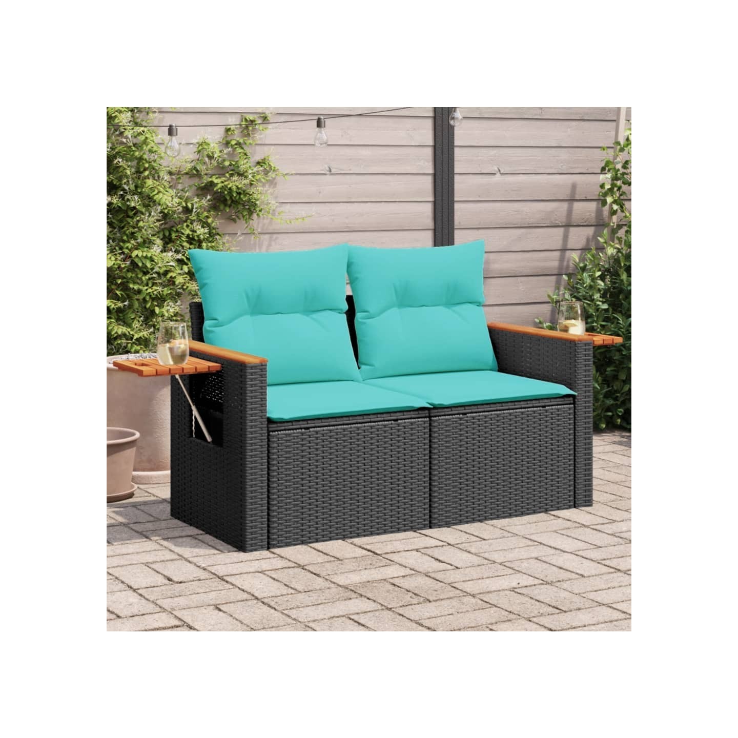 Canapé de jardin avec coussins 2 places en résine tressée noire