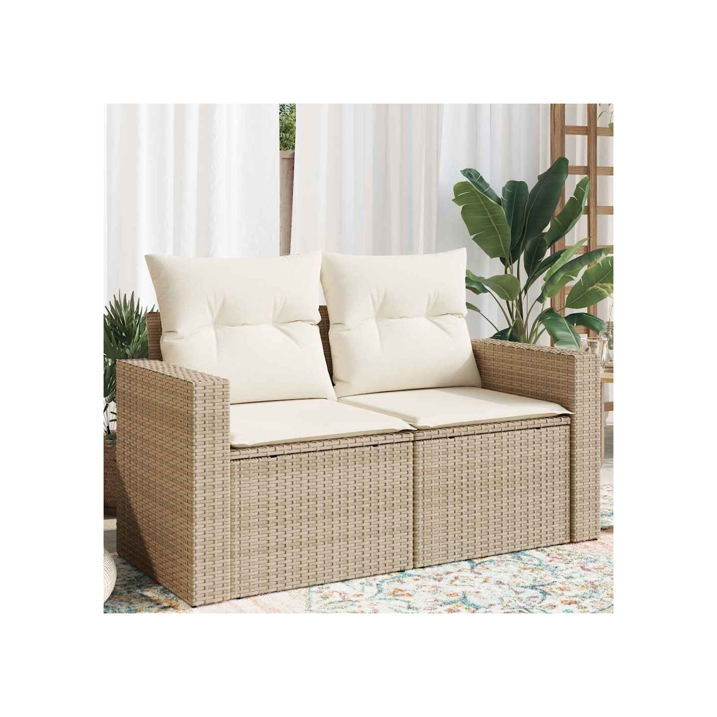 Canapé de jardin avec coussins 2 places beige résine tressée