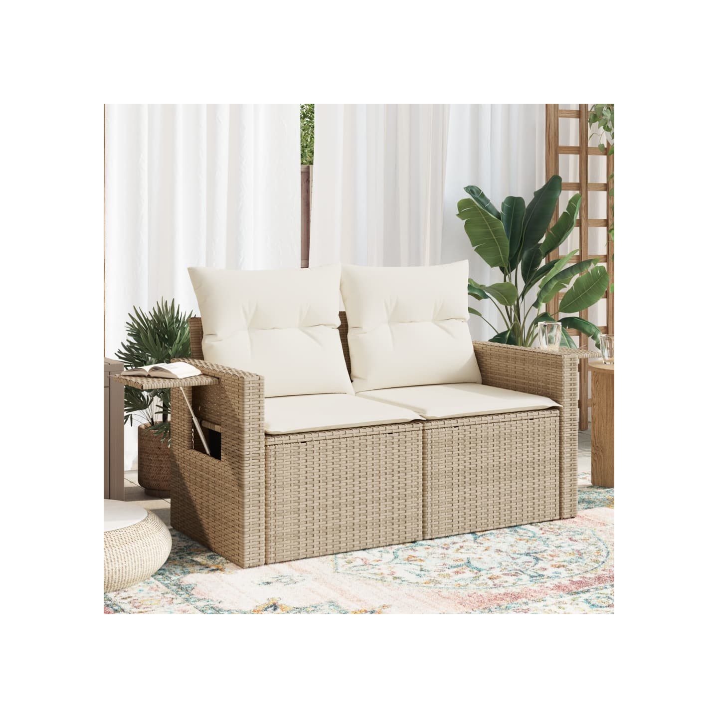 Canapé de jardin avec coussins 2 places beige résine tressée