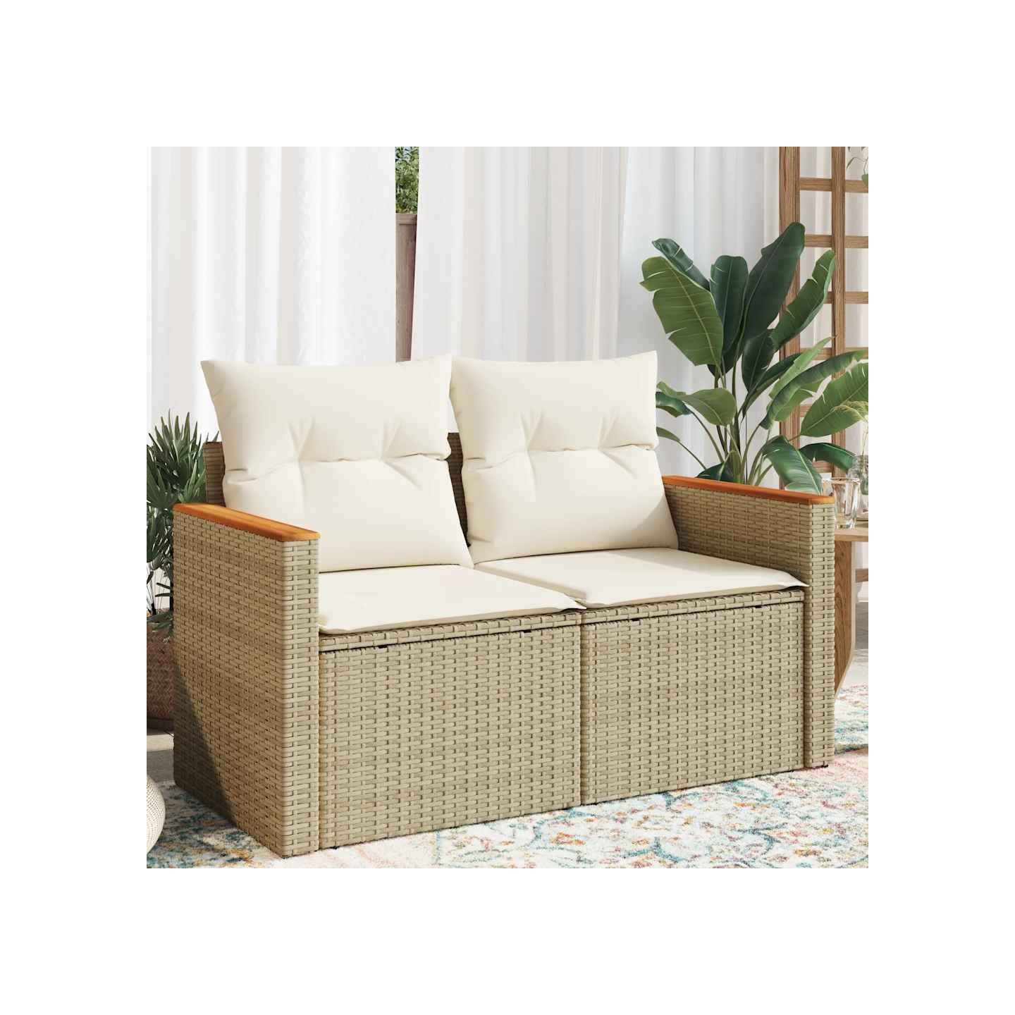 Canapé de jardin avec coussins 2 places beige résine tressée
