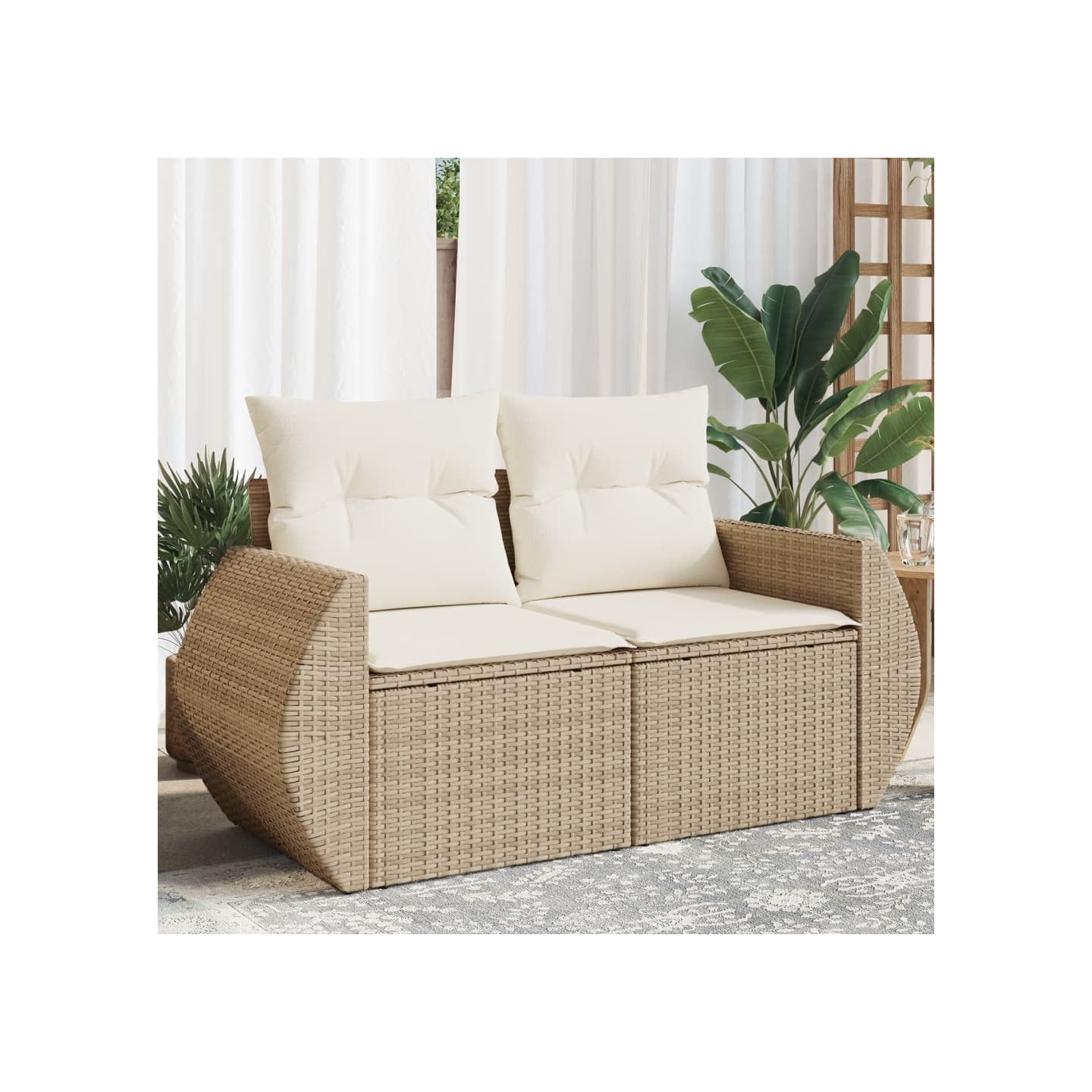 Canapé de jardin avec coussins 2 places beige résine tressée
