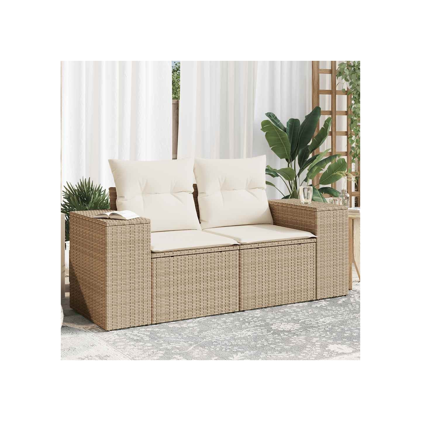 Canapé de jardin avec coussins 2 places beige résine tressée