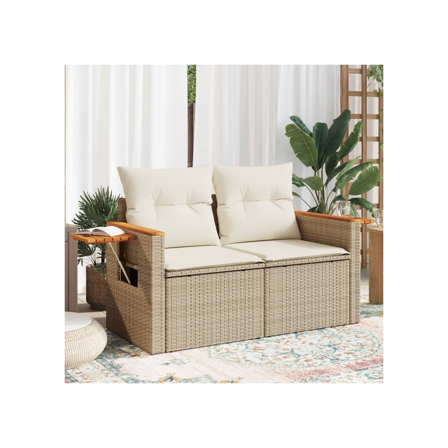 Canapé de jardin avec coussins 2 places beige résine tressée