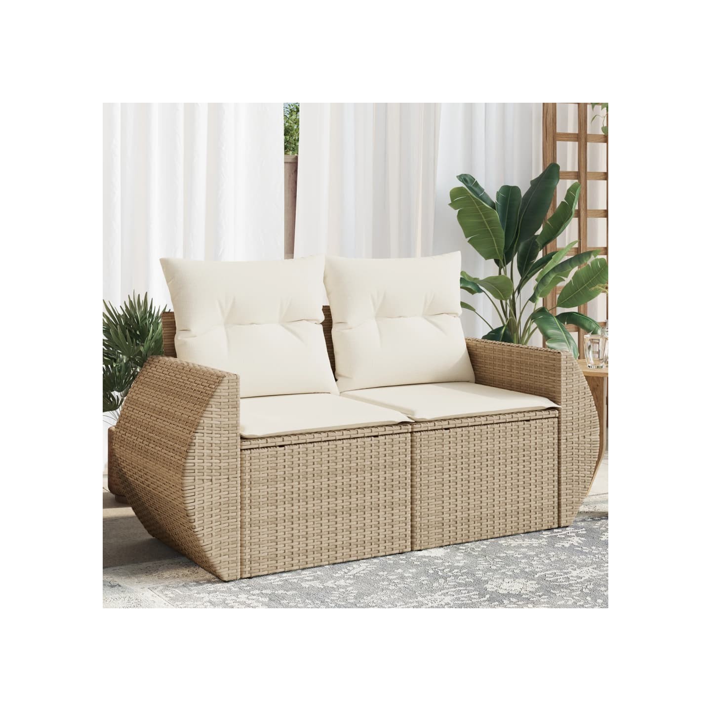 Canapé de jardin avec coussins 2 places beige résine tressée