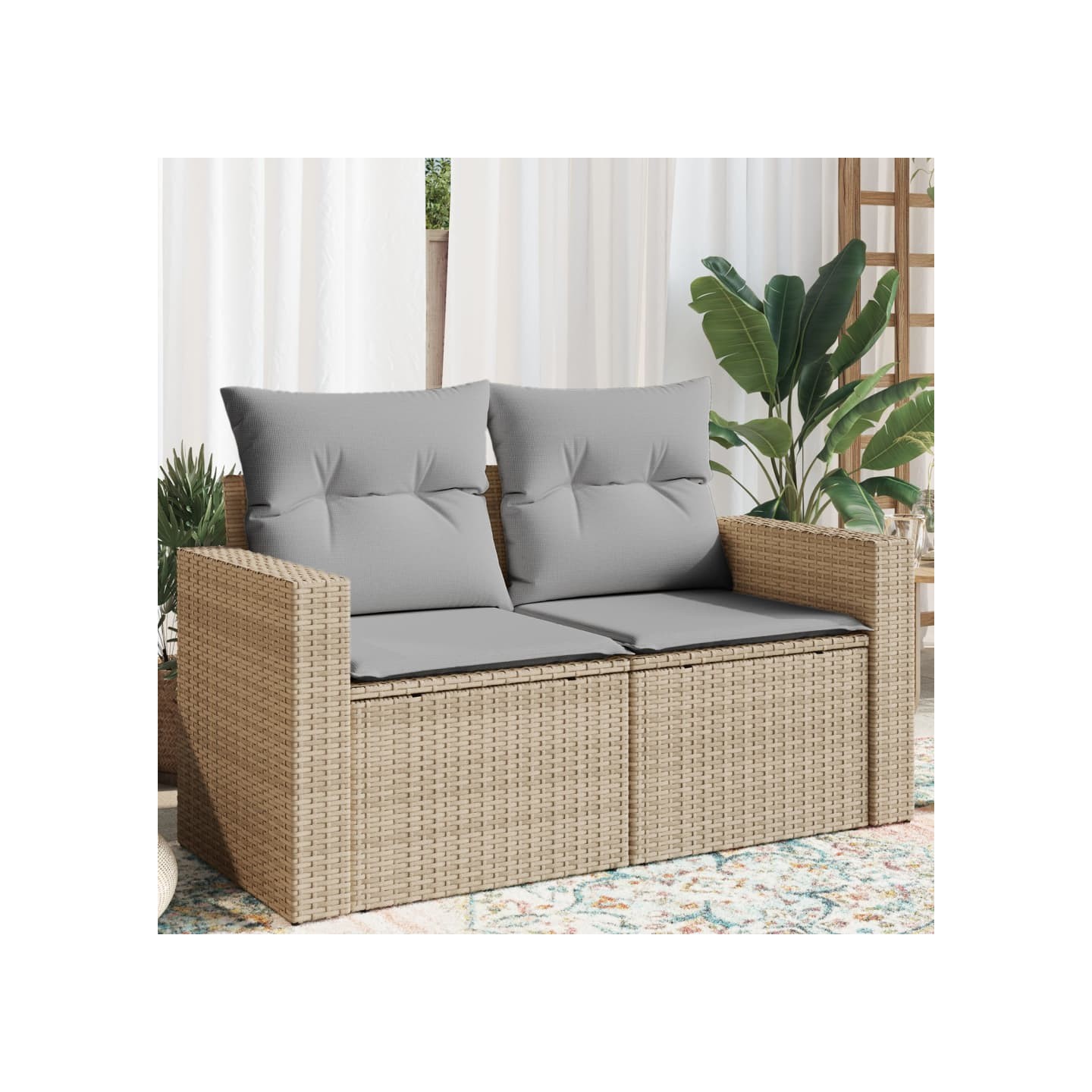 Canapé de jardin avec coussins 2 places beige résine tressée