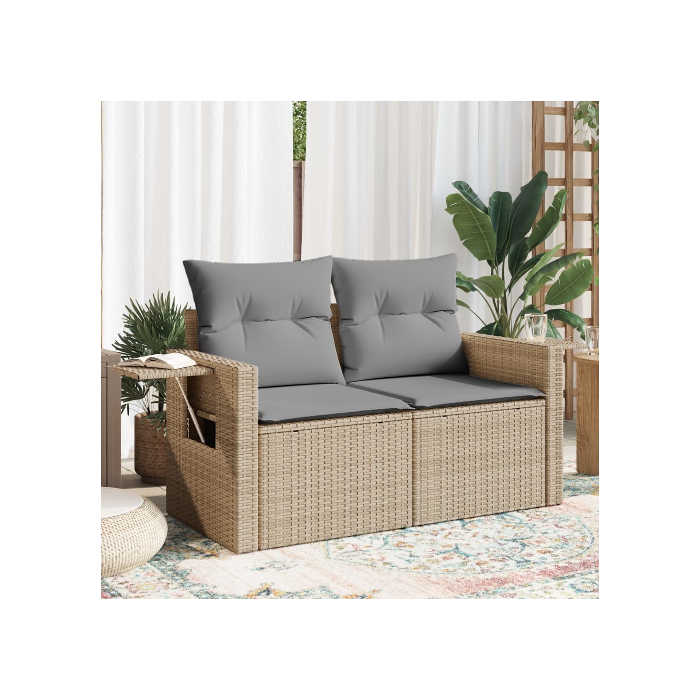 Canapé de jardin avec coussins 2 places beige résine tressée