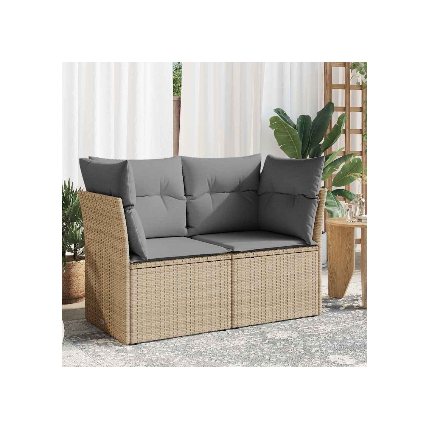 Canapé de jardin avec coussins 2 places beige résine tressée