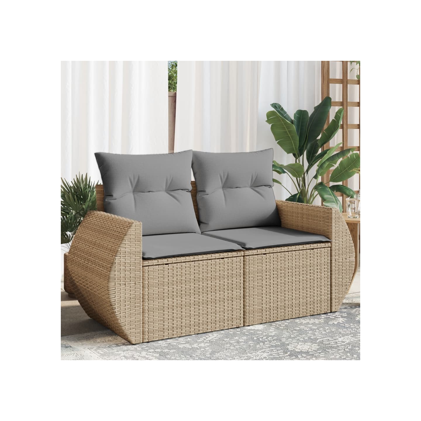 Canapé de jardin avec coussins 2 places beige résine tressée
