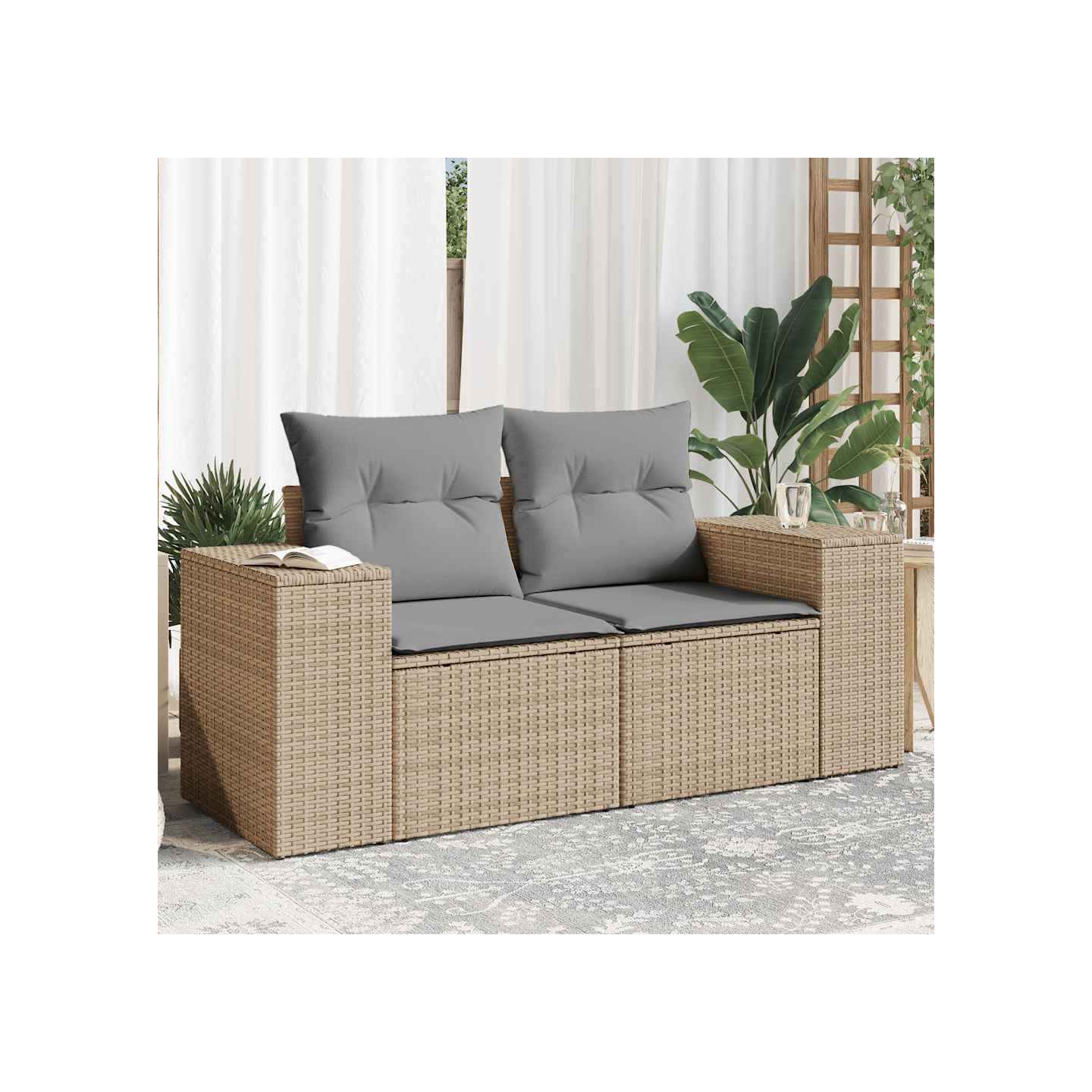 Canapé de jardin avec coussins 2 places beige résine tressée