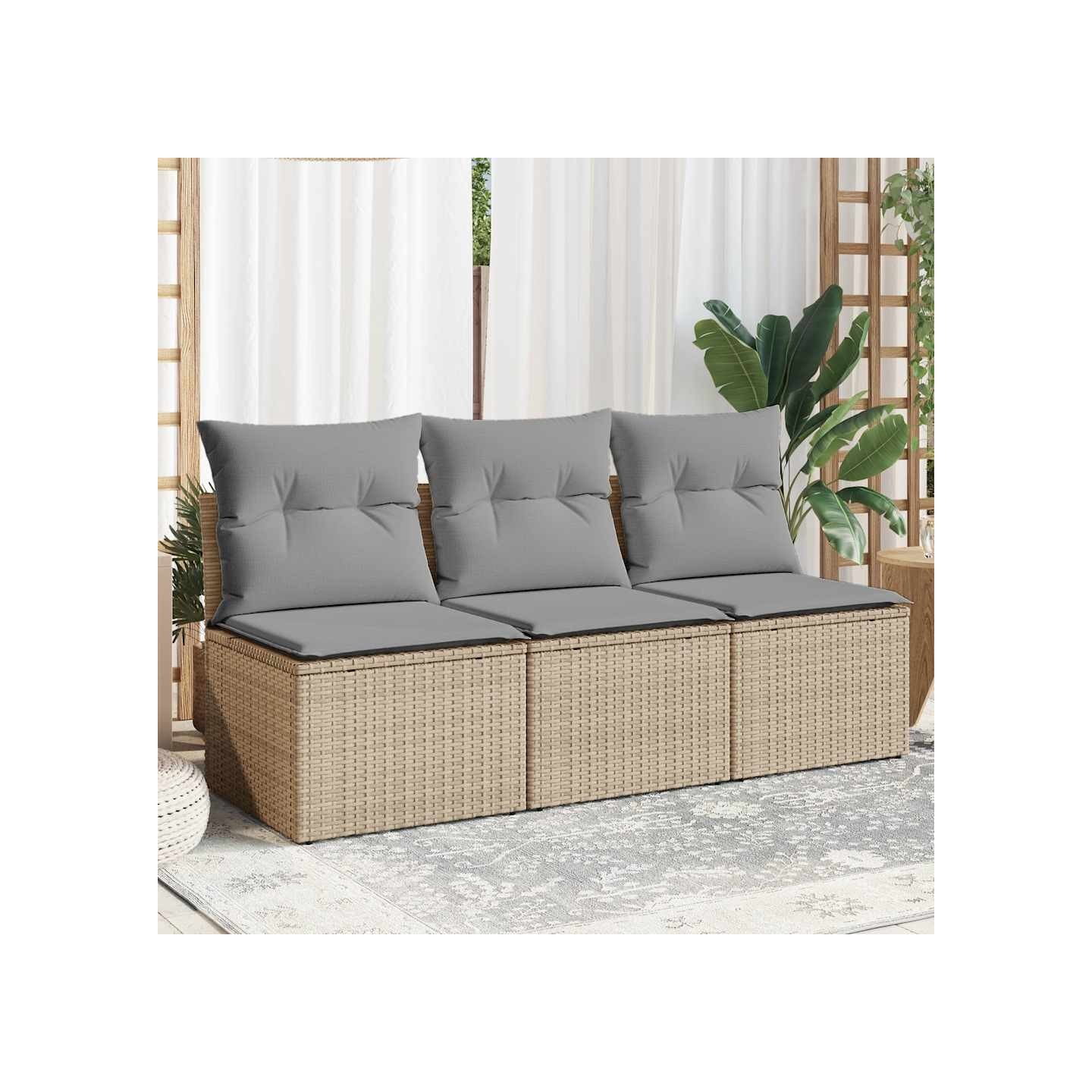Canapé de jardin avec coussins 3 places beige résine tressée