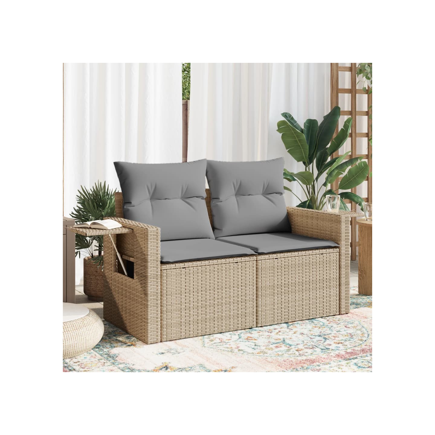 Canapé de jardin avec coussins 2 places beige résine tressée