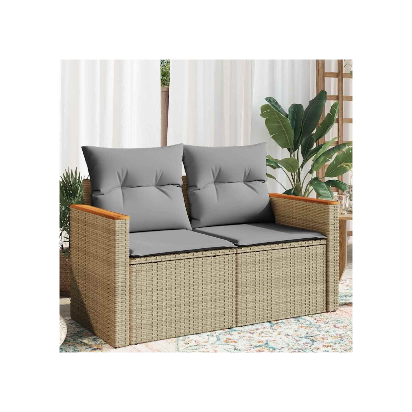 Canapé de jardin avec coussins 2 places beige résine tressée