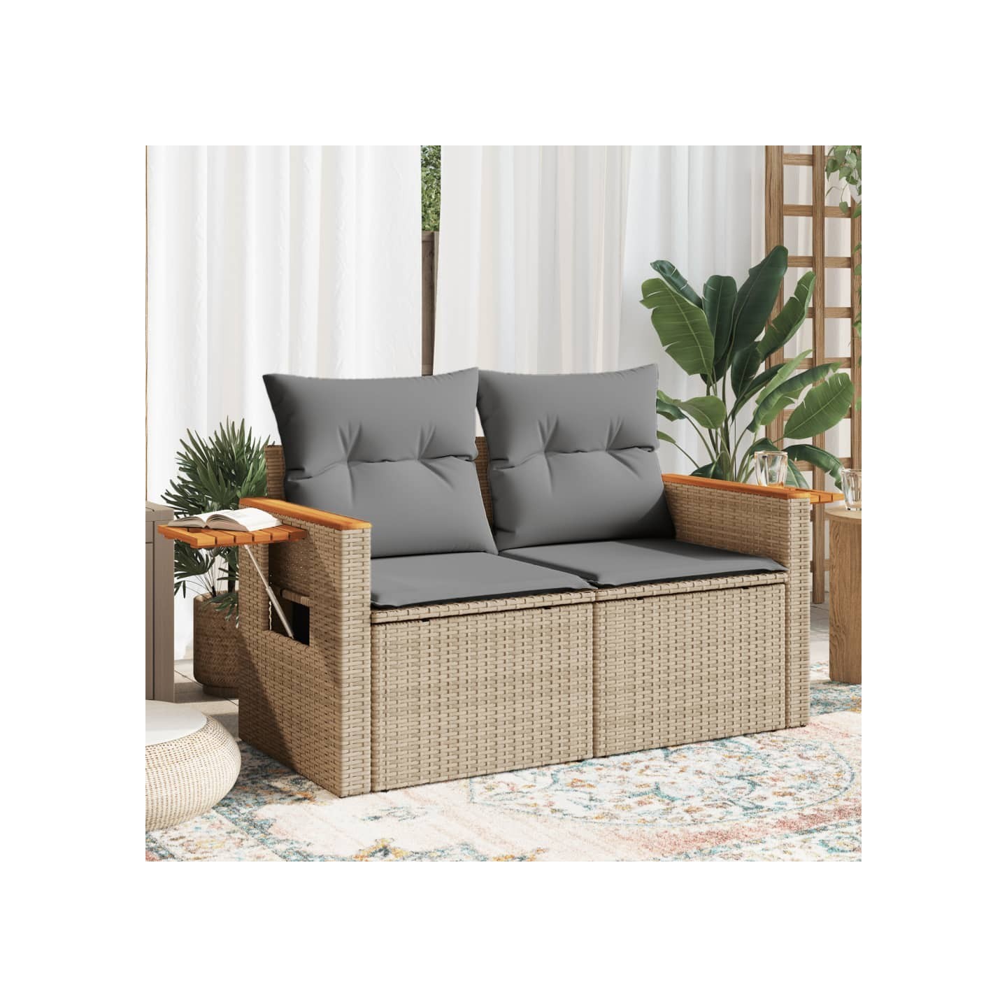 Canapé de jardin avec coussins 2 places beige résine tressée