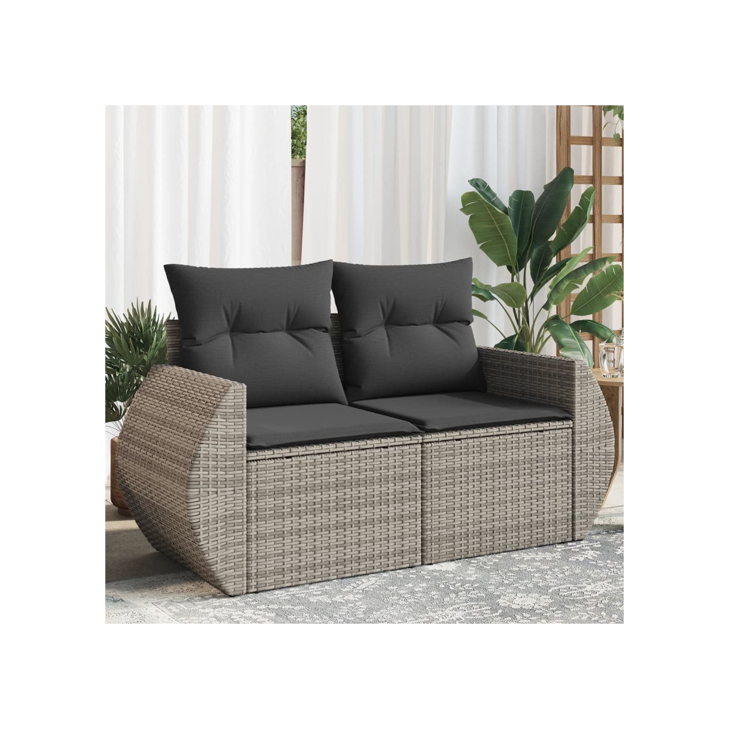 Canapé de jardin 2 places avec coussins gris résine tressée