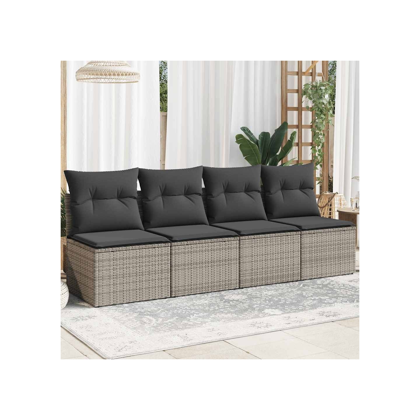 Canapé de jardin 4 places avec coussins gris résine tressée