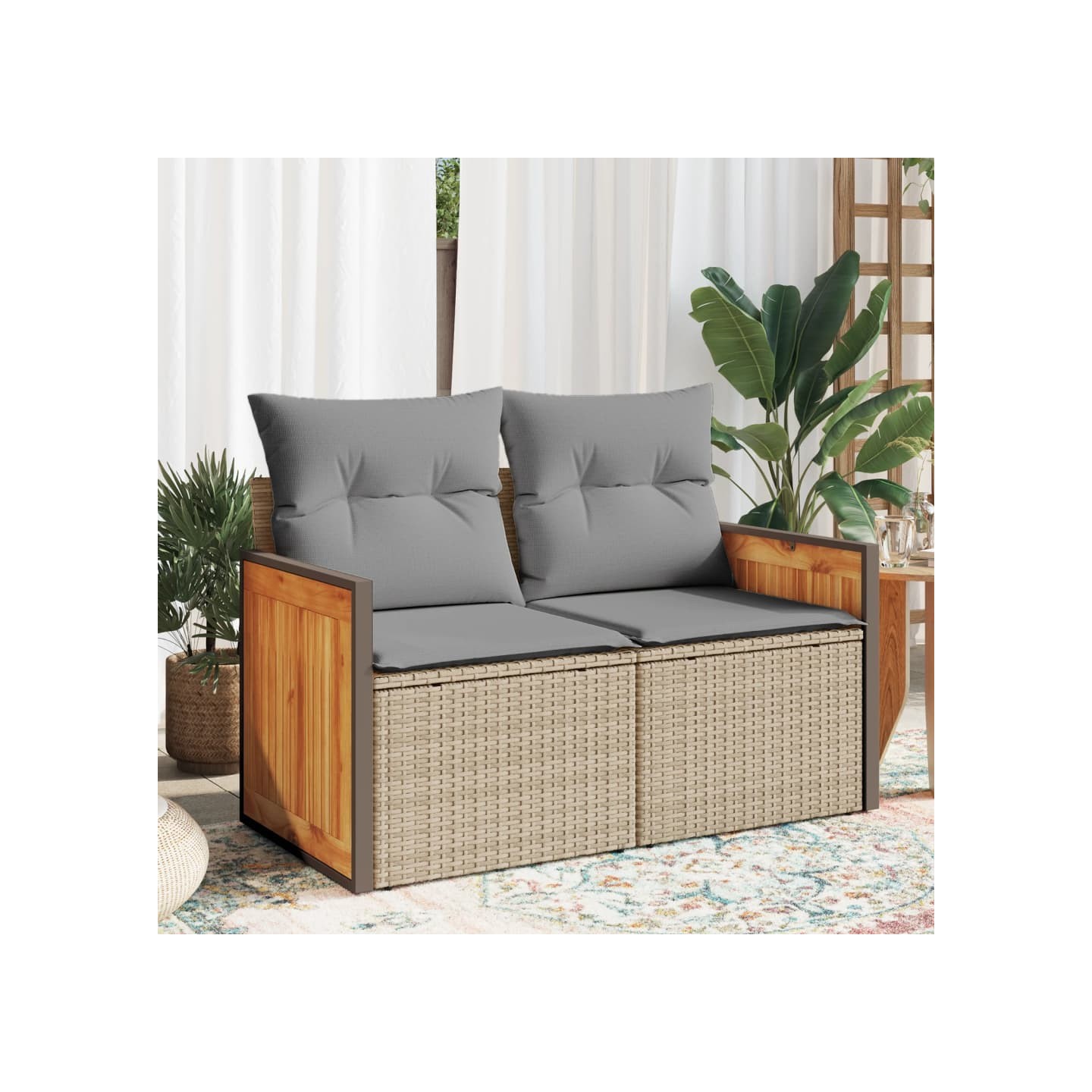 Canapé de jardin avec coussins 2 places beige résine tressée