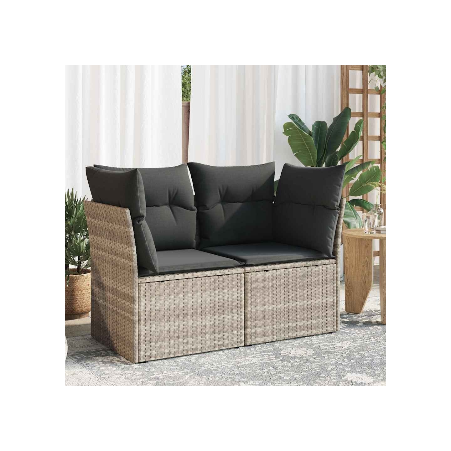 Canapé de jardin 2 places et coussins gris clair résine tressée