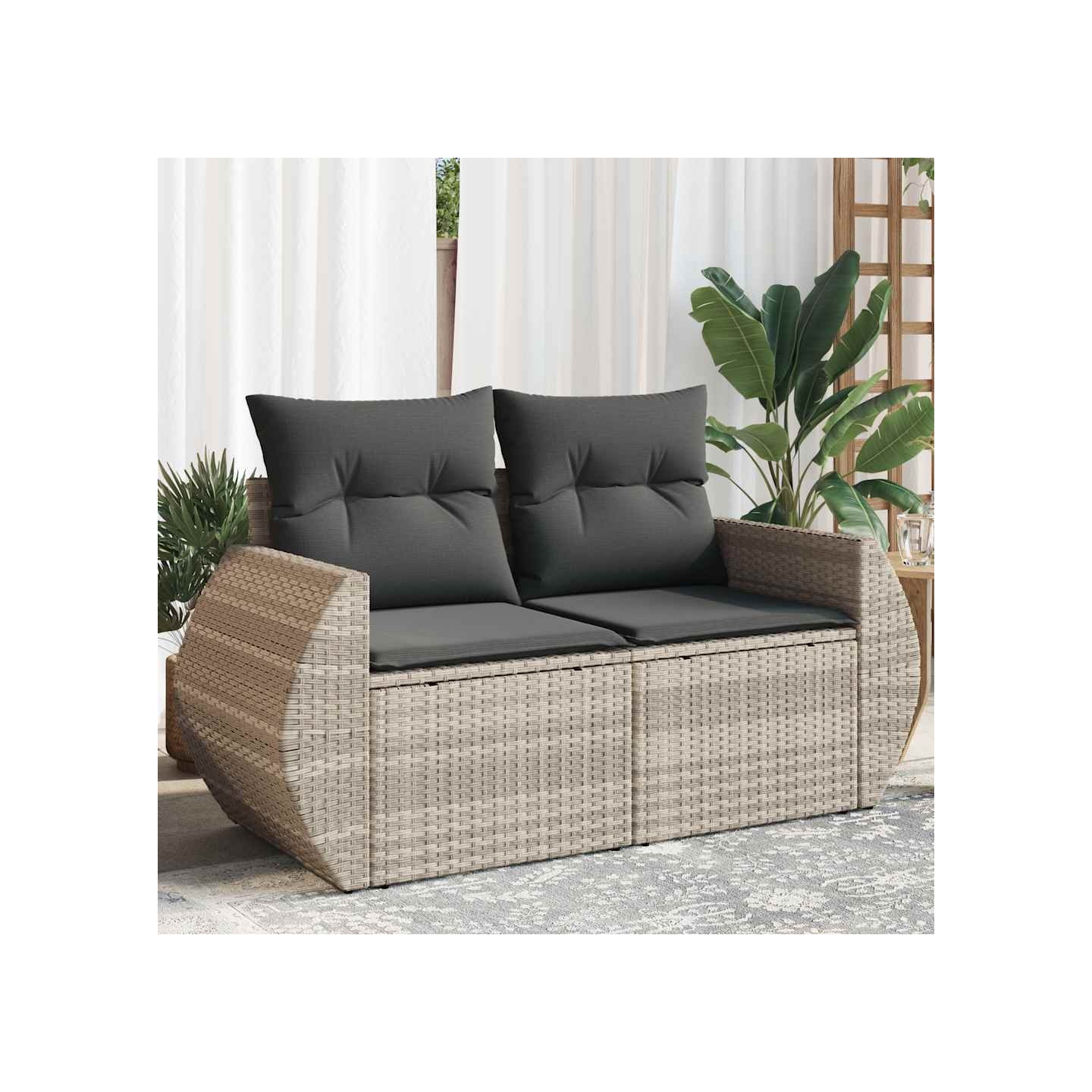 Canapé de jardin 2 places et coussins gris clair résine tressée