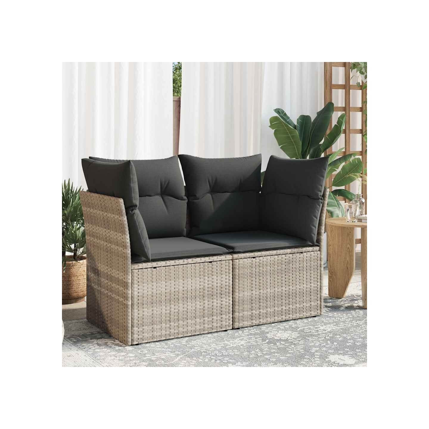Canapé de jardin 2 places et coussins gris clair résine tressée