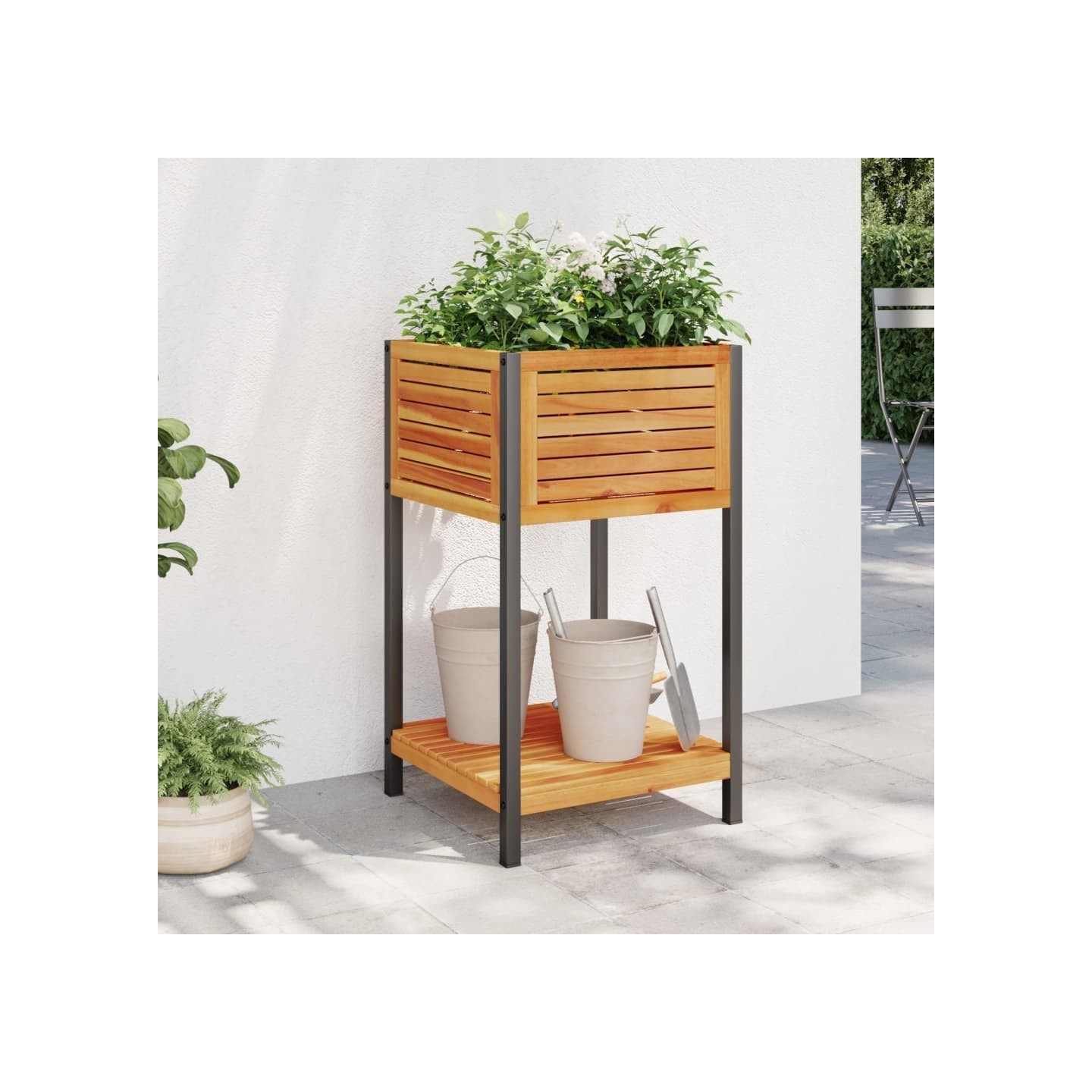 Jardinière et étagère 45x45x80 cm bois massif d'acacia et acier