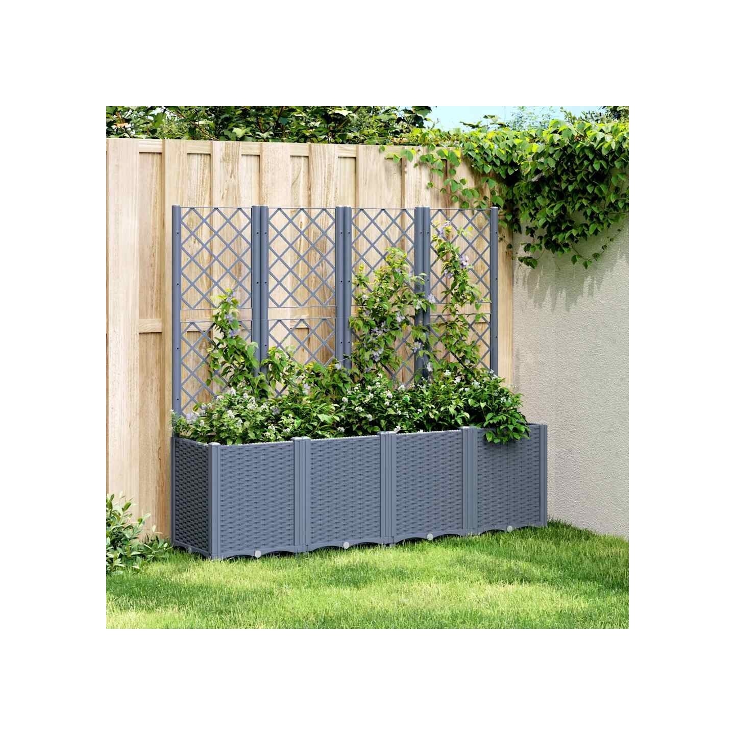 Jardinière avec treillis bleu gris 160x40x140 cm PP