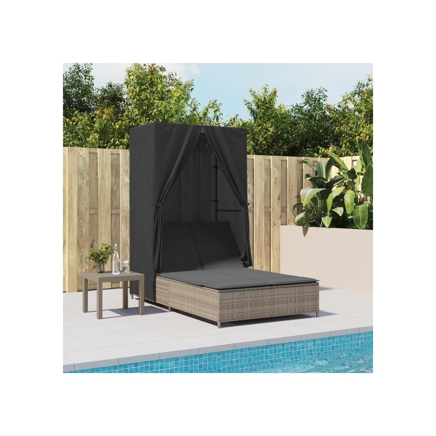 Chaise longue double avec toit et rideaux gris résine tressée