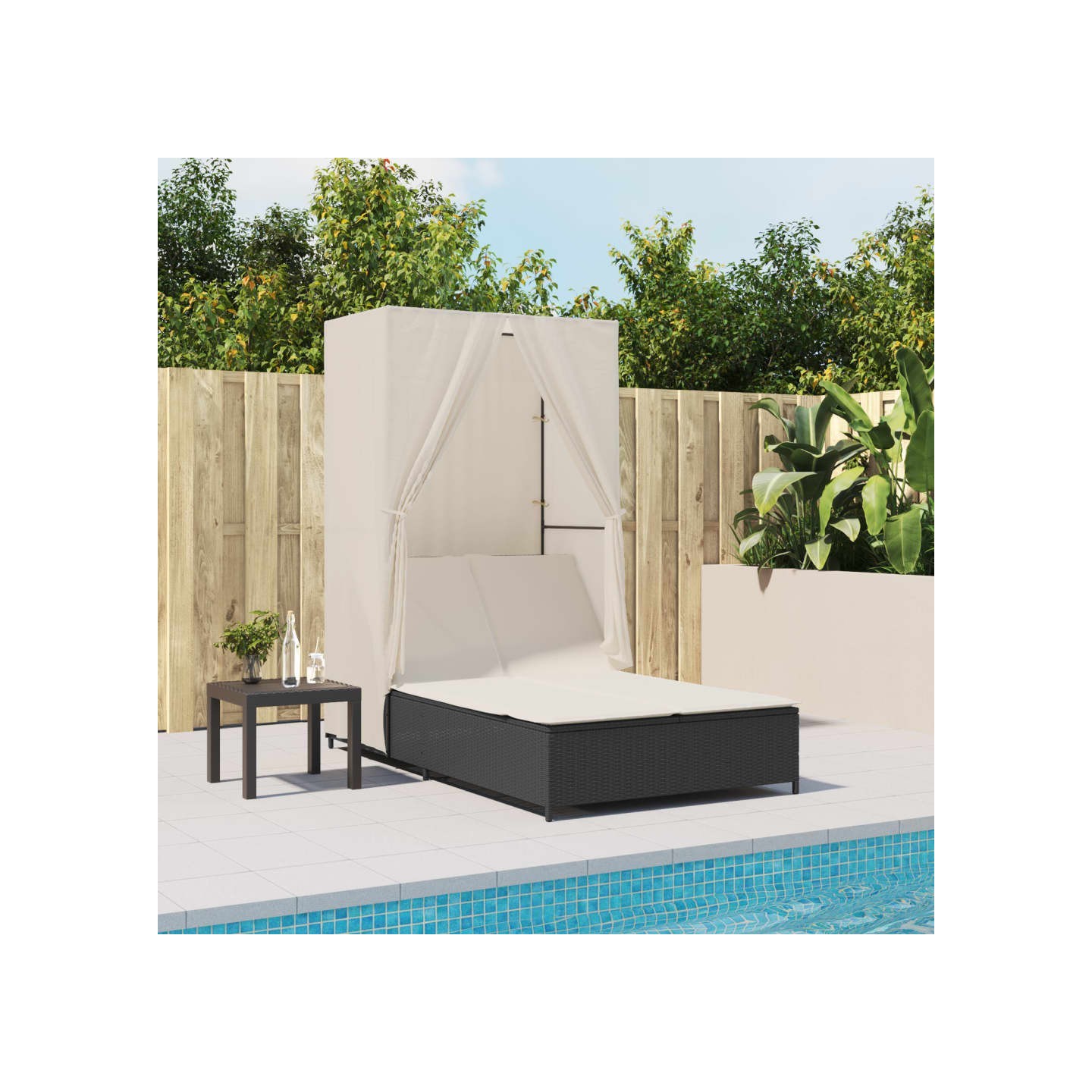 Chaise longue double avec toit et rideaux noir résine tressée